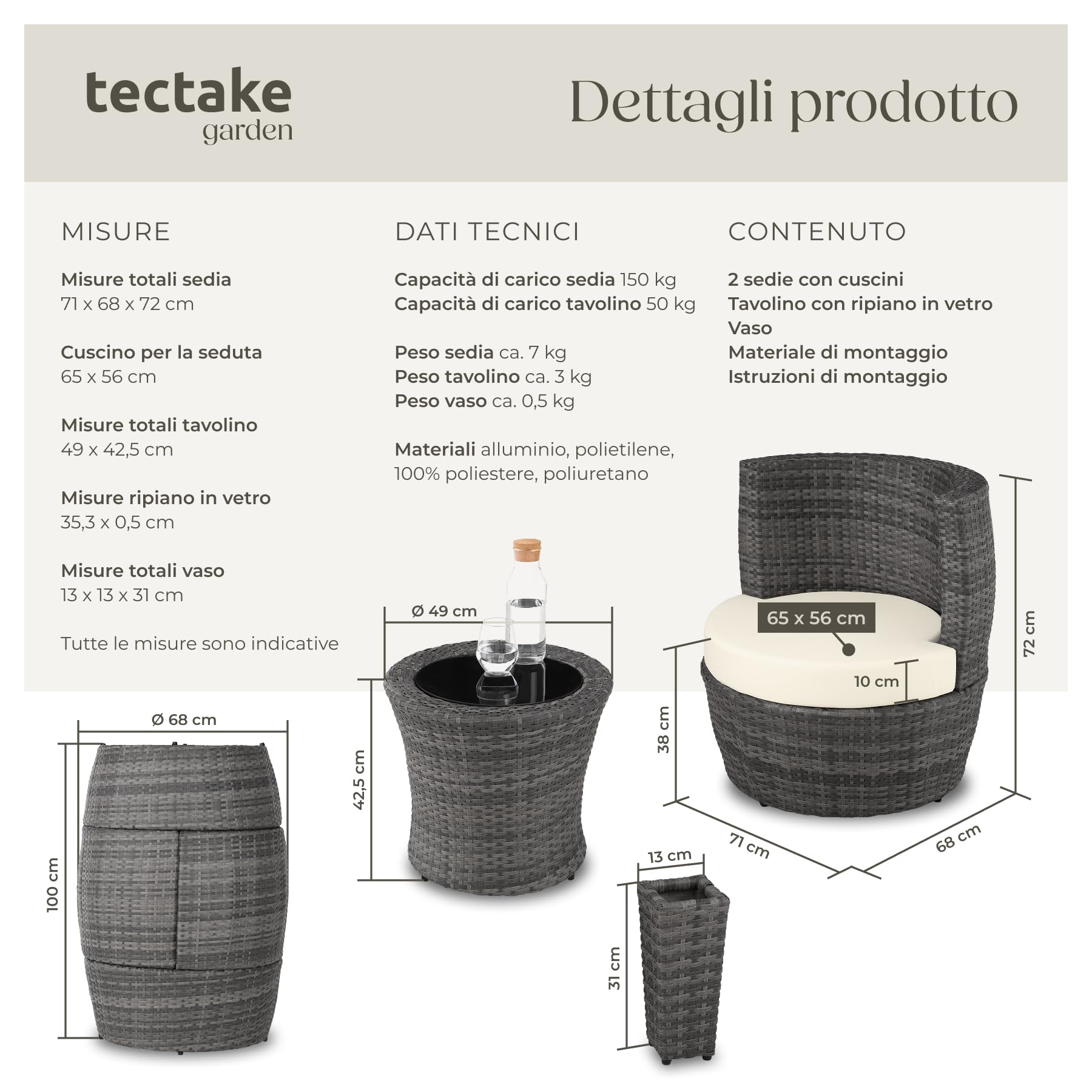 tectake® Set di Mobili da Giardino, Poli Rattan e Alluminio, 2 Sedie, 1 Tavolo, 1 Vaso, Cuscini, Sedia da Esterno, Poltroncina, Set Balcone, Poltrona Giardino, Tavolo con Sedie Esterno - Grigio