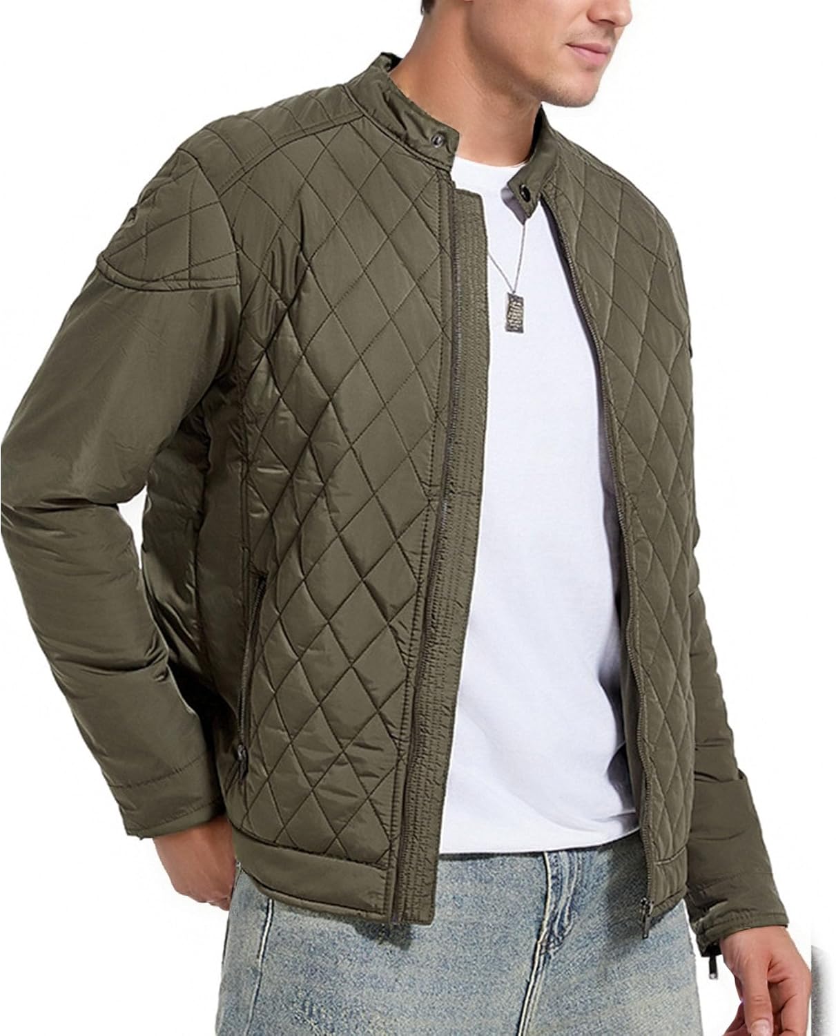 Men Lightweight Stand Collar Diamond Jacket Fashion Warm Zip up Bomber Coat Winter Cotton Padded Outerwear