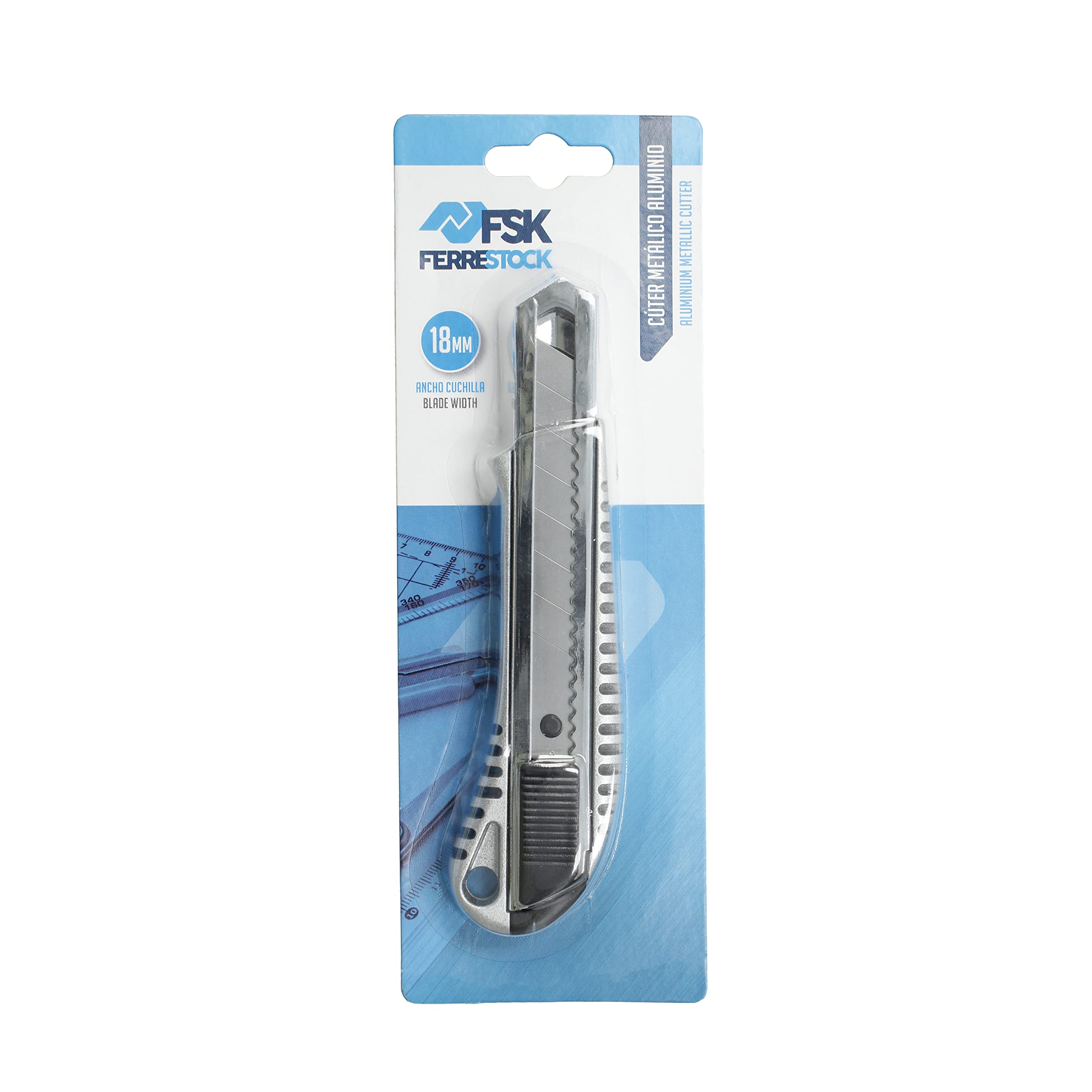 FSKTW118 Cutter métallique professionnel extra résistant fabriqué en aluminium, lame en acier inoxydable de 18 mm, système de verrouillage et lames interchangeables (Lot de 4)