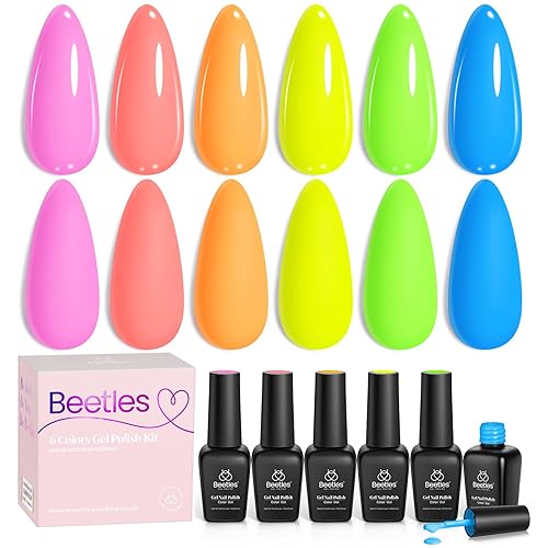 Miniatura 7 de Beetles - Juego de esmalte de uñas de gel Neon Light de 6 colores en tonos rosa fuerte, azul, amarillo, verde, kit de manicura semipermanente, LED,