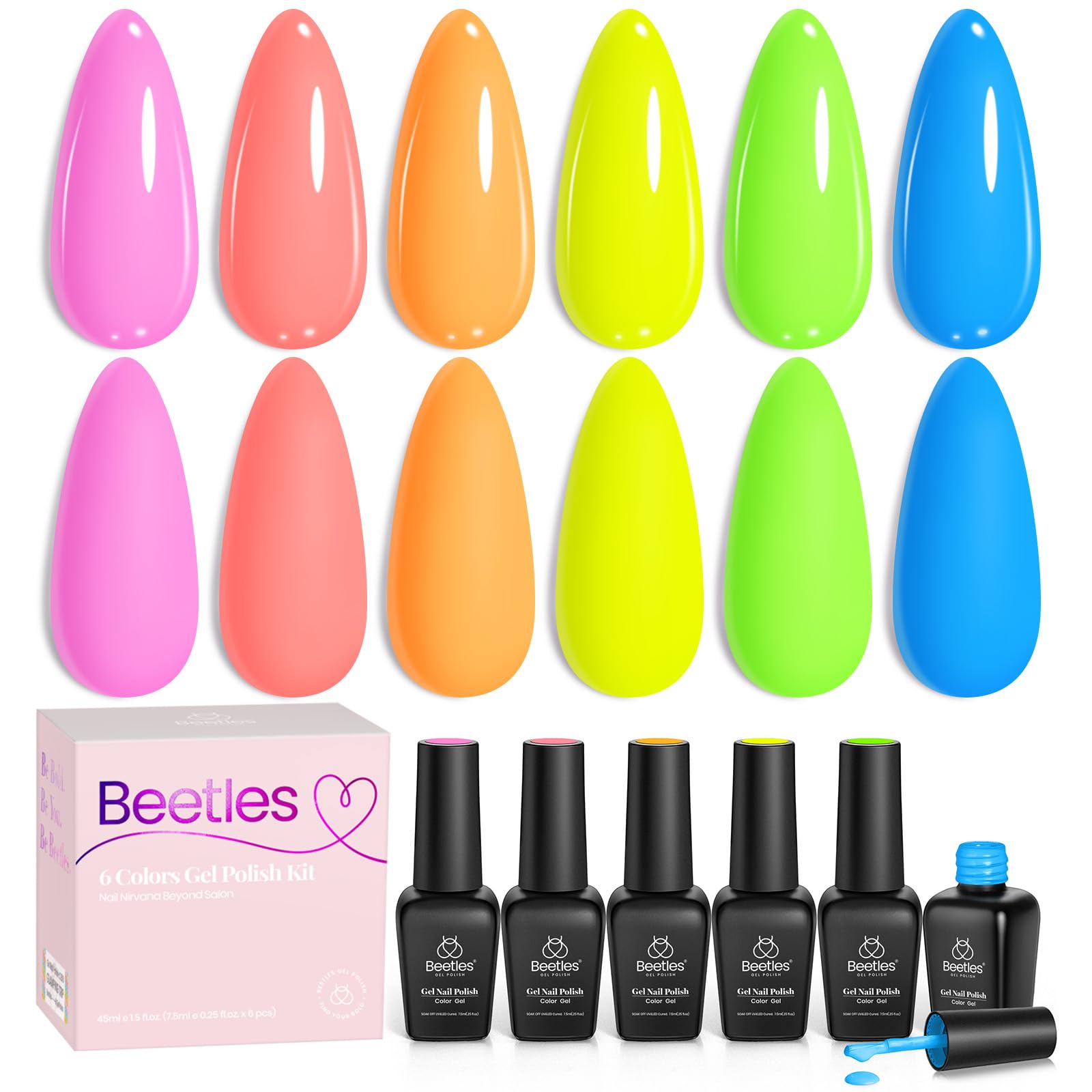 Beetles Neon Gel Nail Polish Set, Bright Rainbow Collection 6 Colors Hot Pink Blue Yellow Green Soak Off UV LED Neon Gel Nail Polish Kit Gift for Women