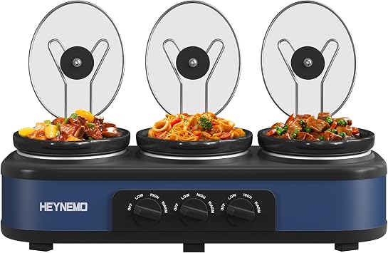 Triple Slow Cooker, 31.5 QT Buffet Servers and Warmers, 3 Pots Buffet Slow Cooker Adjustable Temp Lid Rests Stainless Steel Manual Silver for Parties Holidays Families,Blue