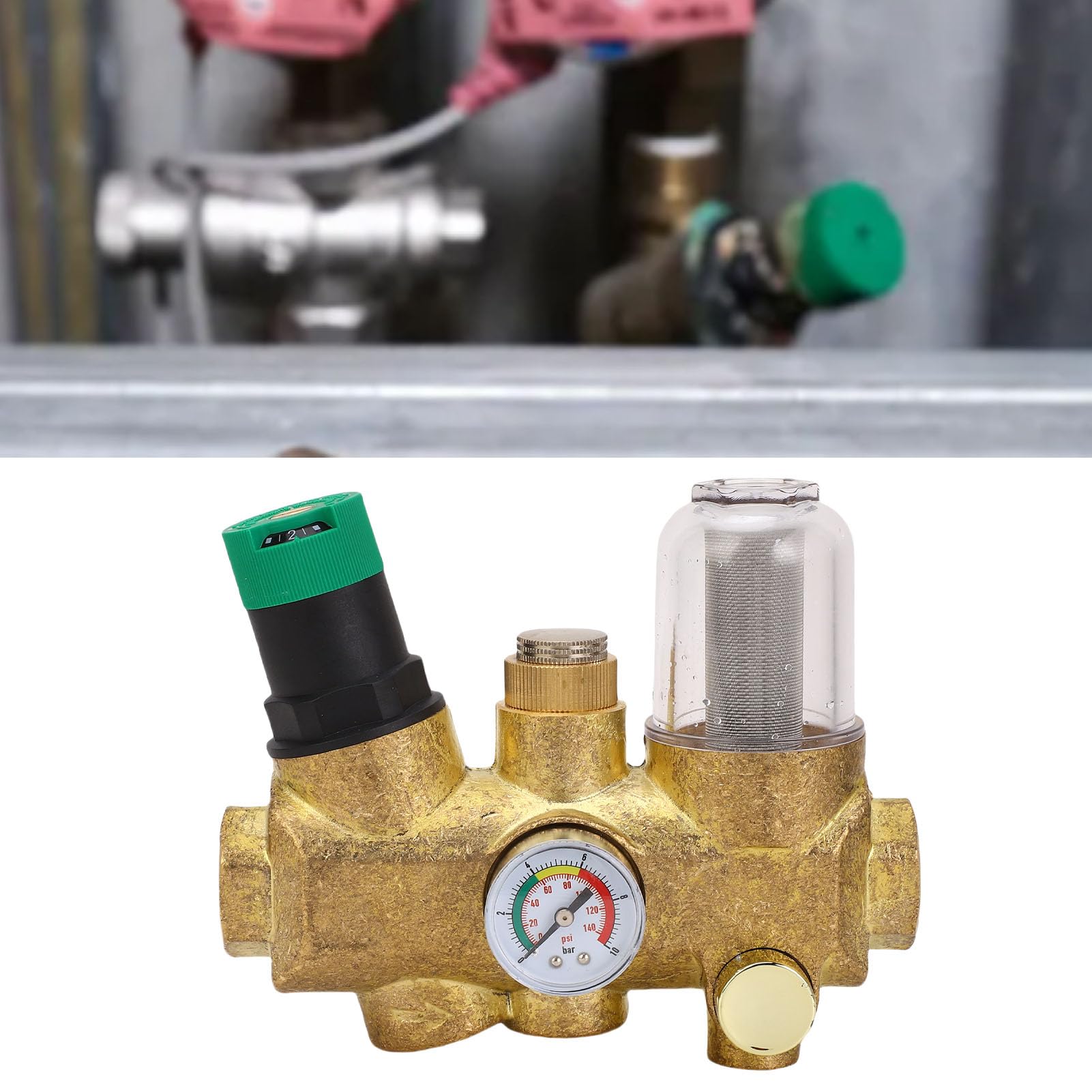 Válvula reguladora de presión de agua SustVita, cuerpo de latón DN15 de 1/2 pulgada, con filtro autolimpiante de 40 μm y manómetro para línea de agua residencial principal (1/2 pulgada (DN15))