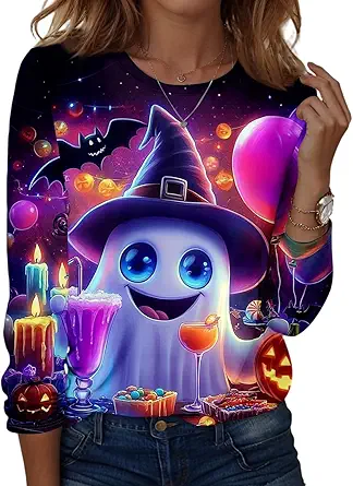Halloween Shirts for Women Long Sleeve Plus Size Fashion Crewneck Comfortable Tshirts Halloween Costumes for Women