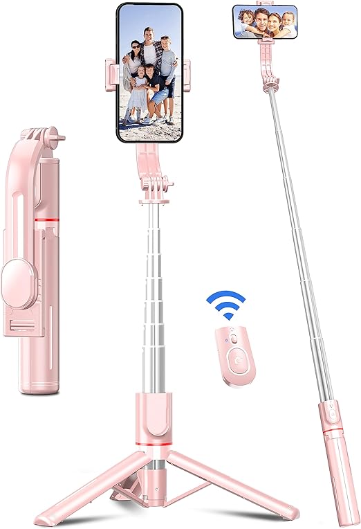 41'' Phone for Tripod, Selfie Stick Tripod Stand with Wireless Remote Extendable Aluminum Cell Phone Tripod Stand 360°Rotate Lightweight & Portable Tripod Compatible with iPhone/Android (Pink)