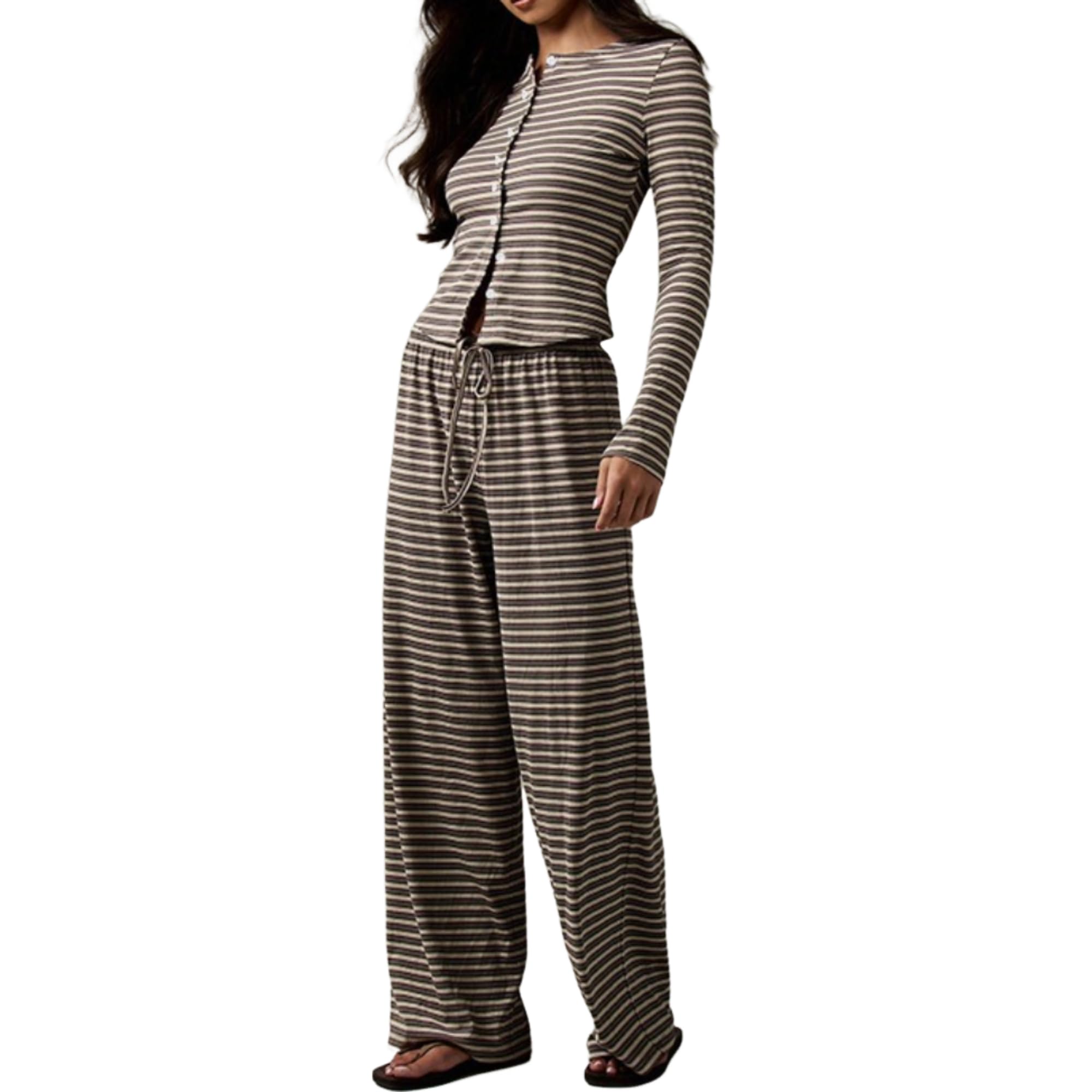 Stripe Coquette Lounge Pj Set Women Long Sleeve Button Down Top Pants Mathing Pajamas Cute Vintage Aesthetic