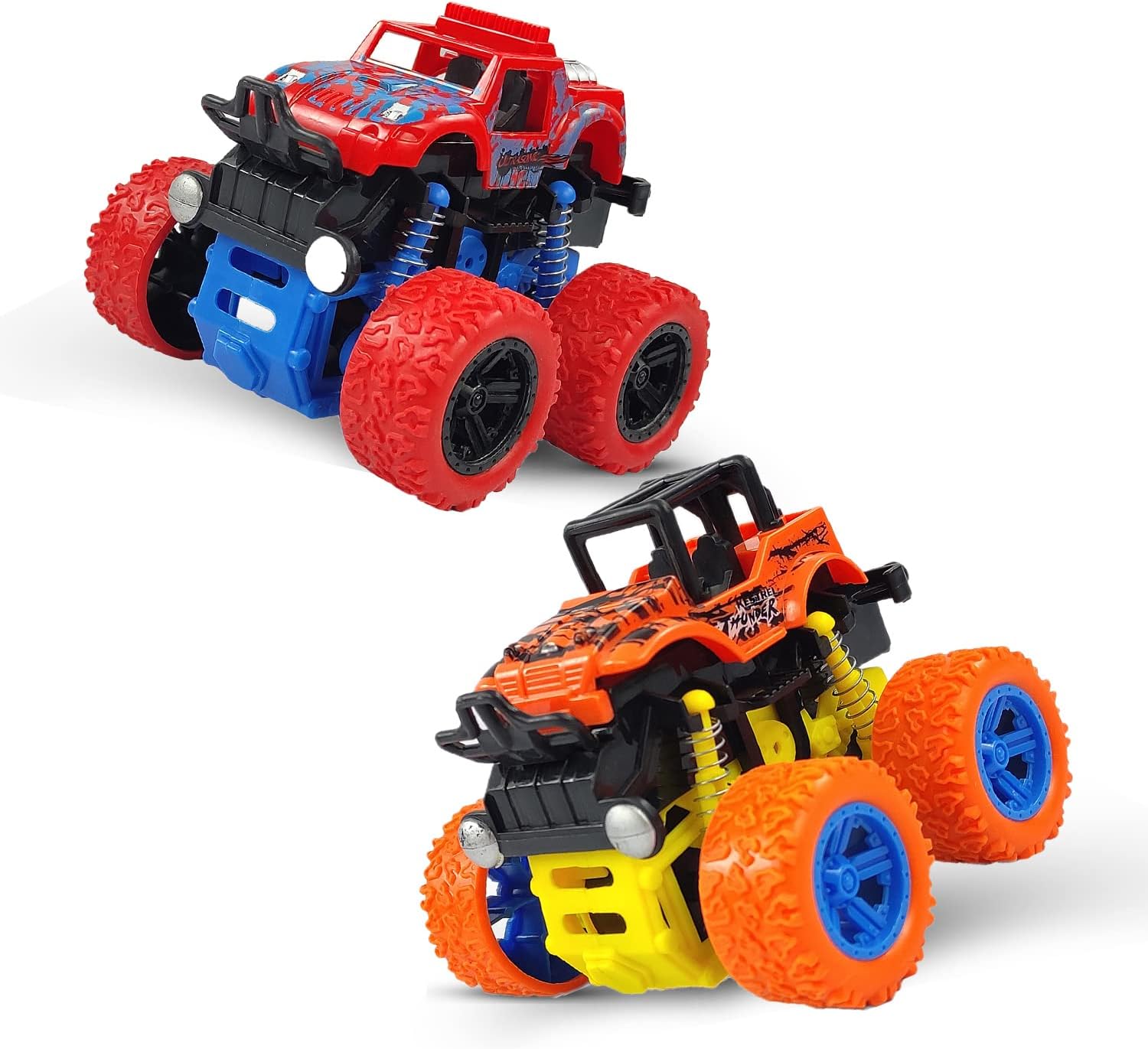 4WD 360 Degree Mini Monster Trucks Friction Powered Cars for Kids Big Rubber Tires Baby Boys Super Cars Blaze Truck for Kids Gifts Toys, 2+ Years (Set of 2, Multicolor)