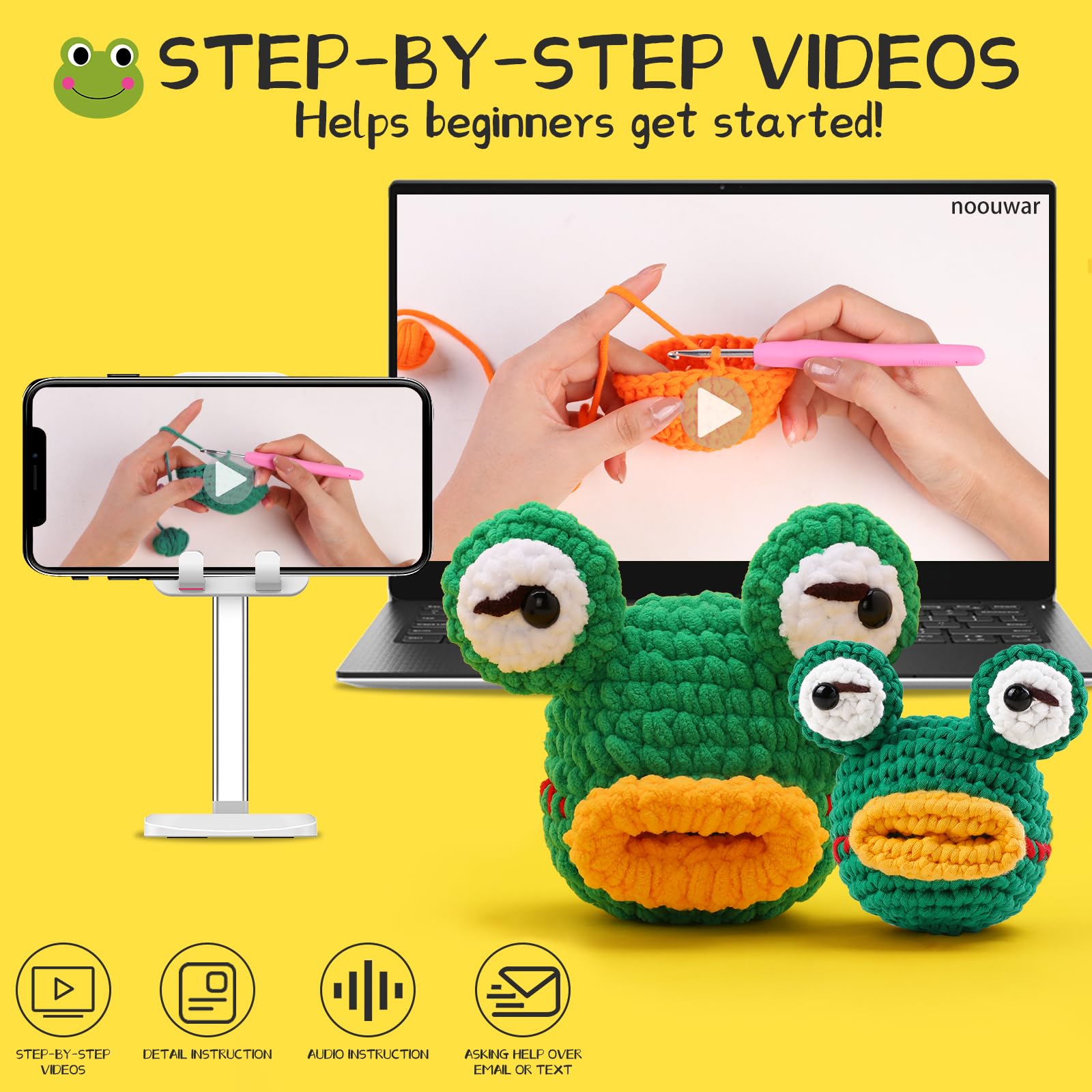 Noouwar Kit de ganchillo de 2 piezas para principiantes con tutoriales en video paso a paso, kit de ganchillo para principiantes para adultos y niños, kit de animales de ganchillo Amigurumi, kit de