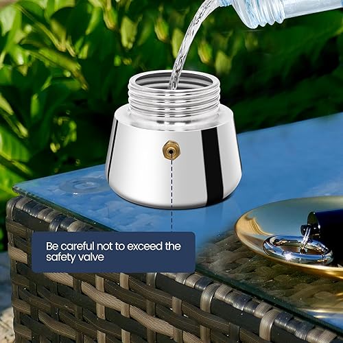 Miniatura 8 de Olla de acero inoxidable para 2 tazas de café expreso italiano de 3.4 fl oz, cafetera para estufa, cafetera de moca, para estufa de inducción,