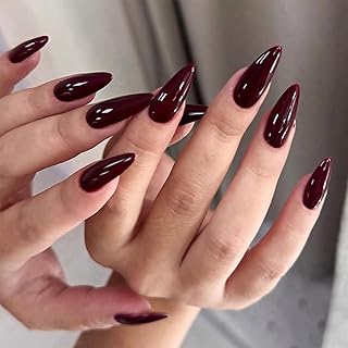 24Pcs Rot Press on Nails, Mandel Fingernägel zum Aufkleben, Full Cover Fake Nails Set Mit Kleber & Werkzeugen, Natürlich Falsche Nägel, Glänzende Wiederverwendbare Kunstnägel für Frauen(Rot Mandel)