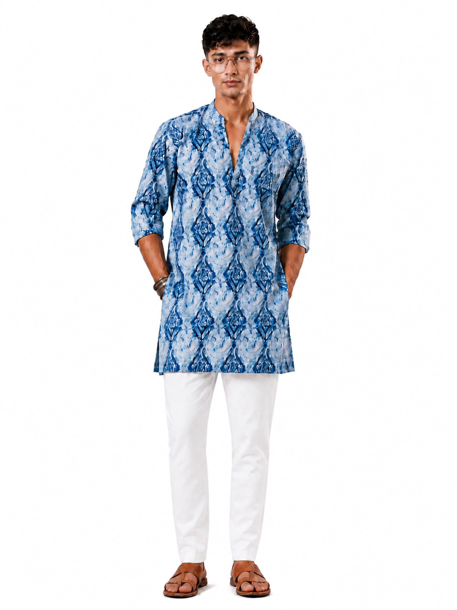 Men's Ikkat Print Cotton V-Neck Kurta with White Pyjama Set | Ethnic Outfit-image-31