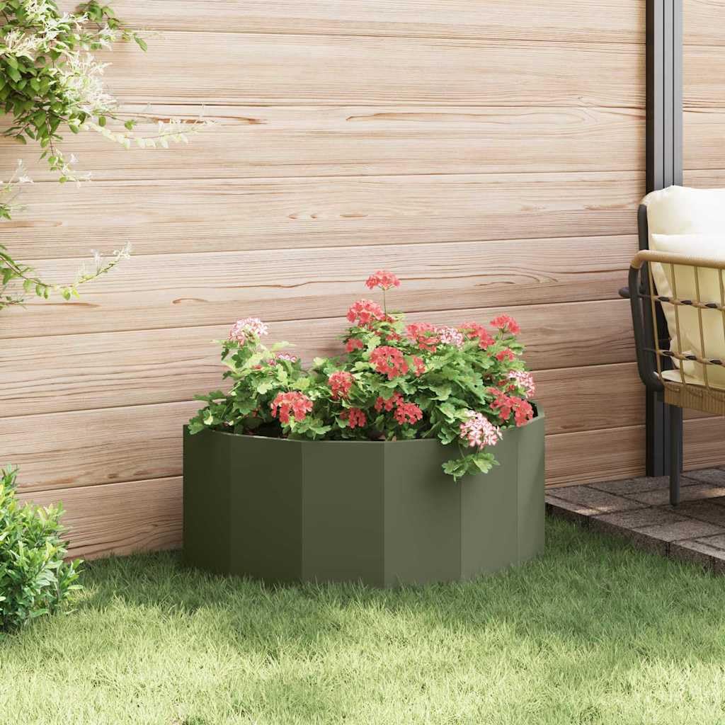 Donica Zielony oliwkowy 90x45x35 cm Stal półokrągła nowoczesna donica ogrodowa na taras patio balkon wytrzymała stalowa skrzynia na kwiaty łatwy montaż