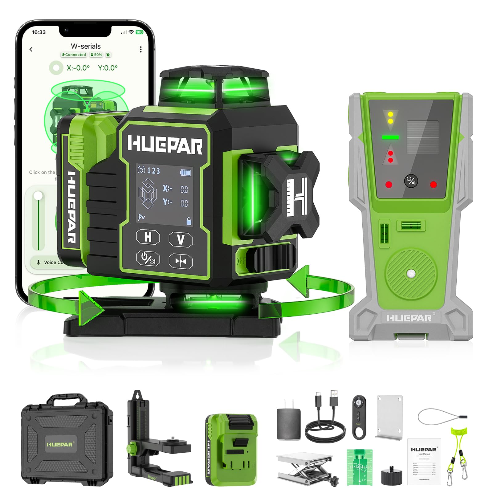 Huepar W04CG 4D Bluetooth Self Leveling Laser Level with Receiver, Up to 400ft Long Distance or Outdoor, 4x360° Green Beams for Construction, Tiling, Framing, Drop Ceiling, Floor Installation