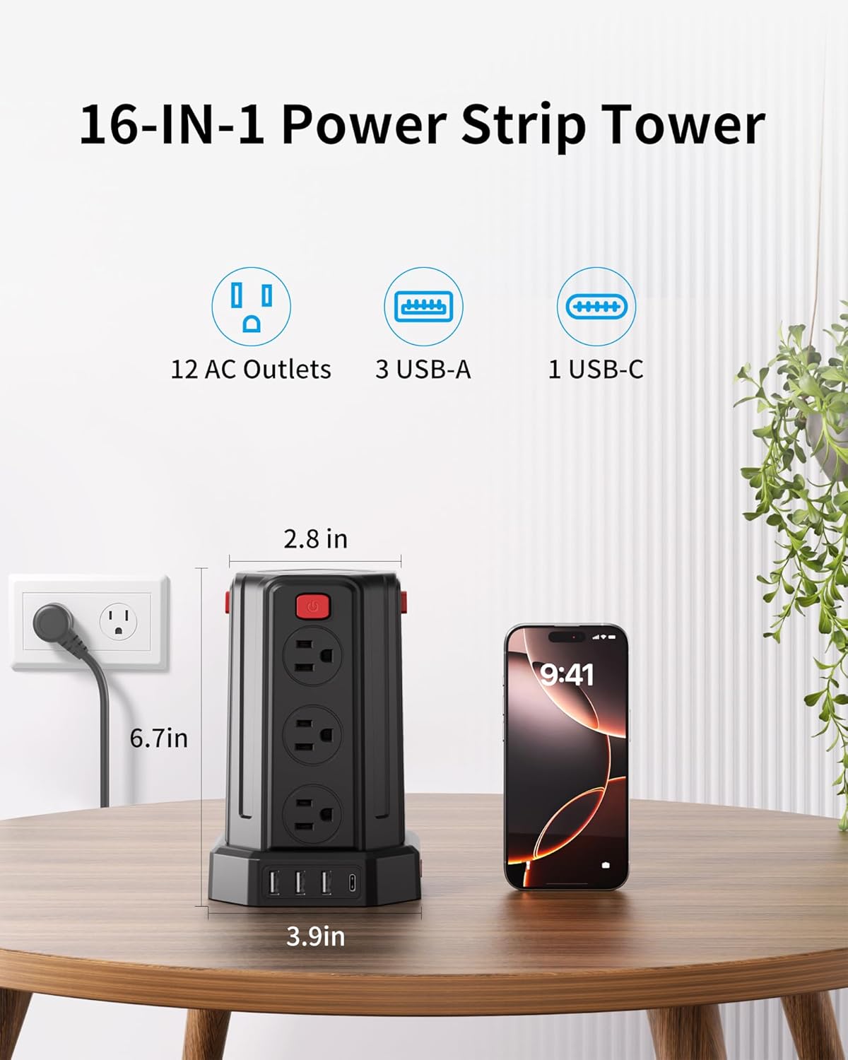 71iLpPoQBIL._AC_SL1500_ Power Strip Surge Protector, 6.5 Ft Extension Cord with 12 AC Multiple Outlets 4 USB (1 USB C), SMALLRT Power Tower Desktop Charging Station (Black, 6.5 Ft)