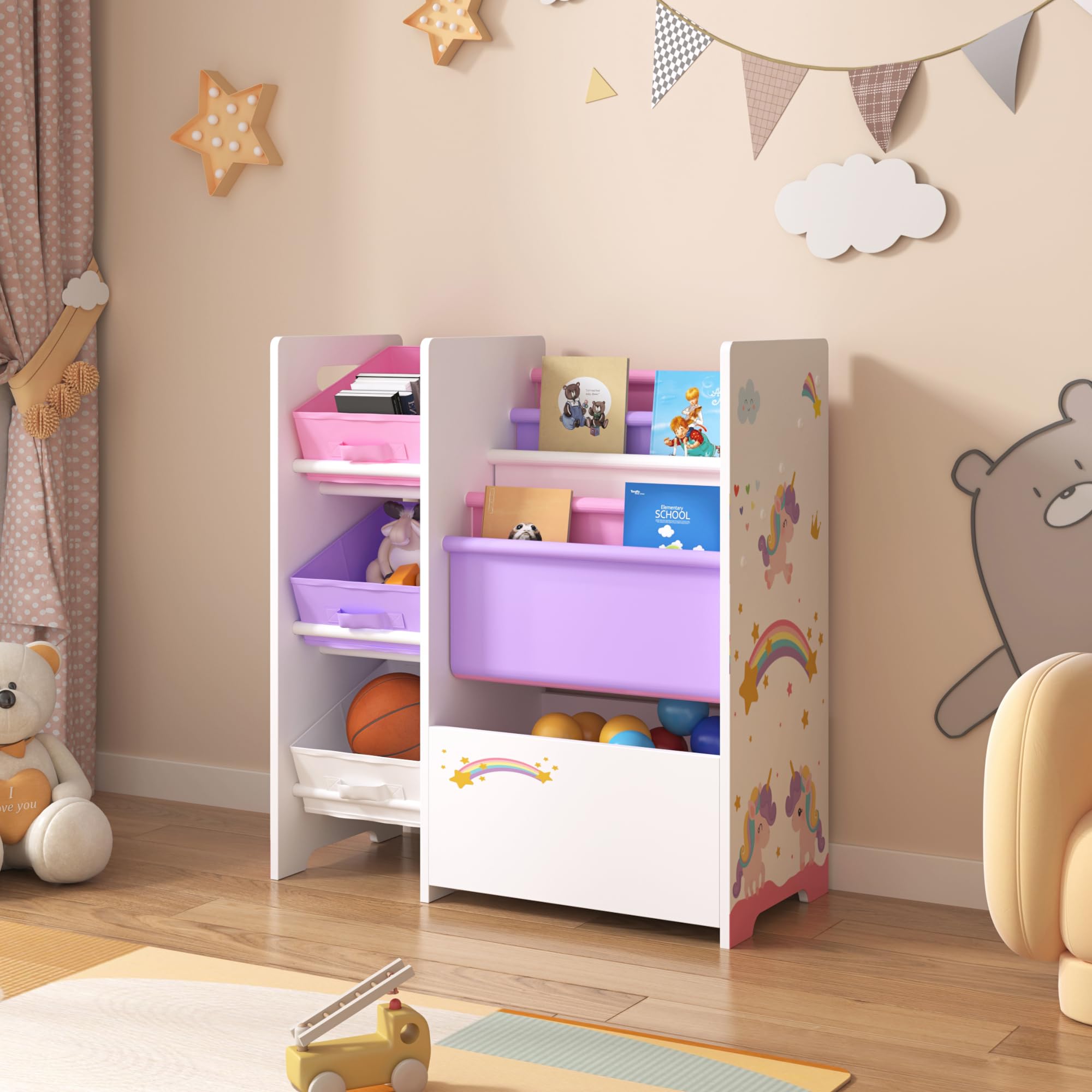 en.casa] Kinderrek Vimianzo boekenkast met 4 opbergvakken met 3 vouwdozen speelgoedkast Koala motief wit grijs blauw kinderkamer organizer opbergvak