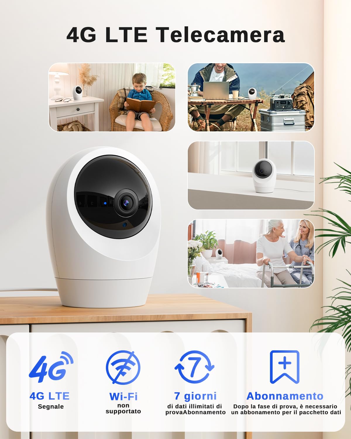 24/7 Registrazione 4G LTE Telecamera Interno con SIM, 2K Videocamera Interno 4g, 360° PTZ Videocamera Sorveglianza Interno, Rilevamento Movimento, Audio 2 Vie