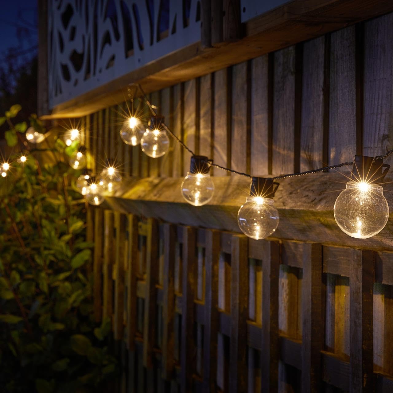 mysmartbuy.com Set of 20 Solar Powered Glow Bulb String Lights – 10 Lumen Outdoor Garden Festoon Fairy Lighting with Warm White LEDs for Wall, Fence, Tree, Parasol, Gazebo, Parties – Total Length 10m