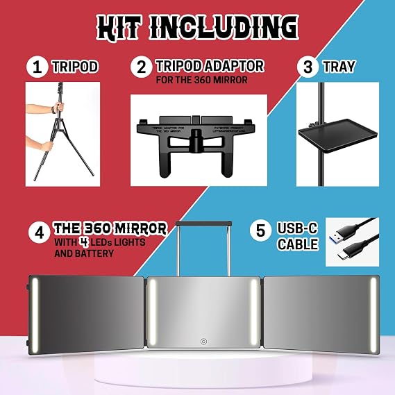 Tripod 360 Mirror 4-LED Barber 3 Way Tripod Self Hair Cutting System + Tray