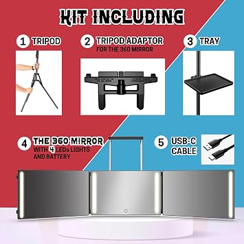 Tripod 360 Mirror 4-LED Barber 3 Way Tripod Self Hair Cutting System + Tray