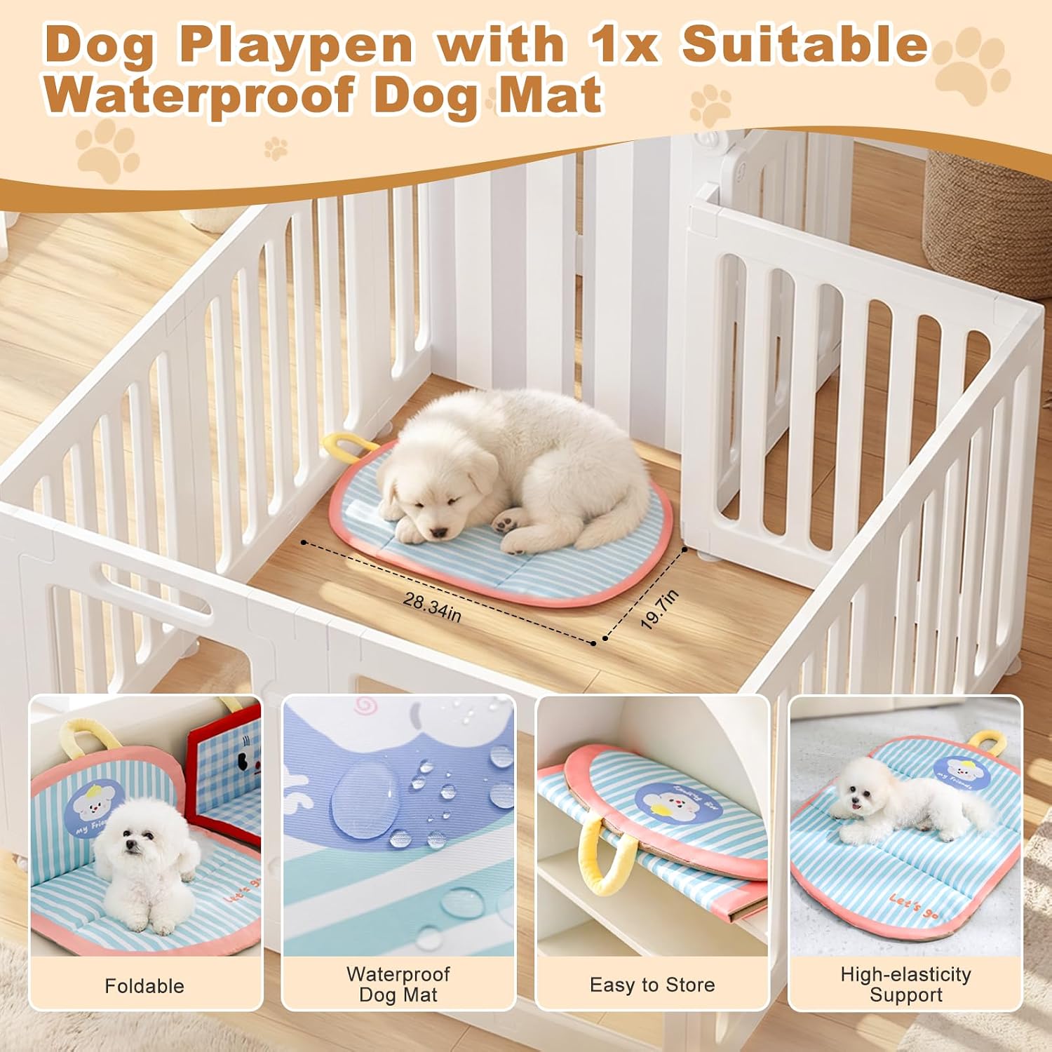 Acrylic Dog Playpen Indoor - Puppy Play Pen with Pet Mat 24" H, 10 Panels | Clear Stable Small Dogs and Cat Pet Fence, Easy Assemble & Cleaning, White