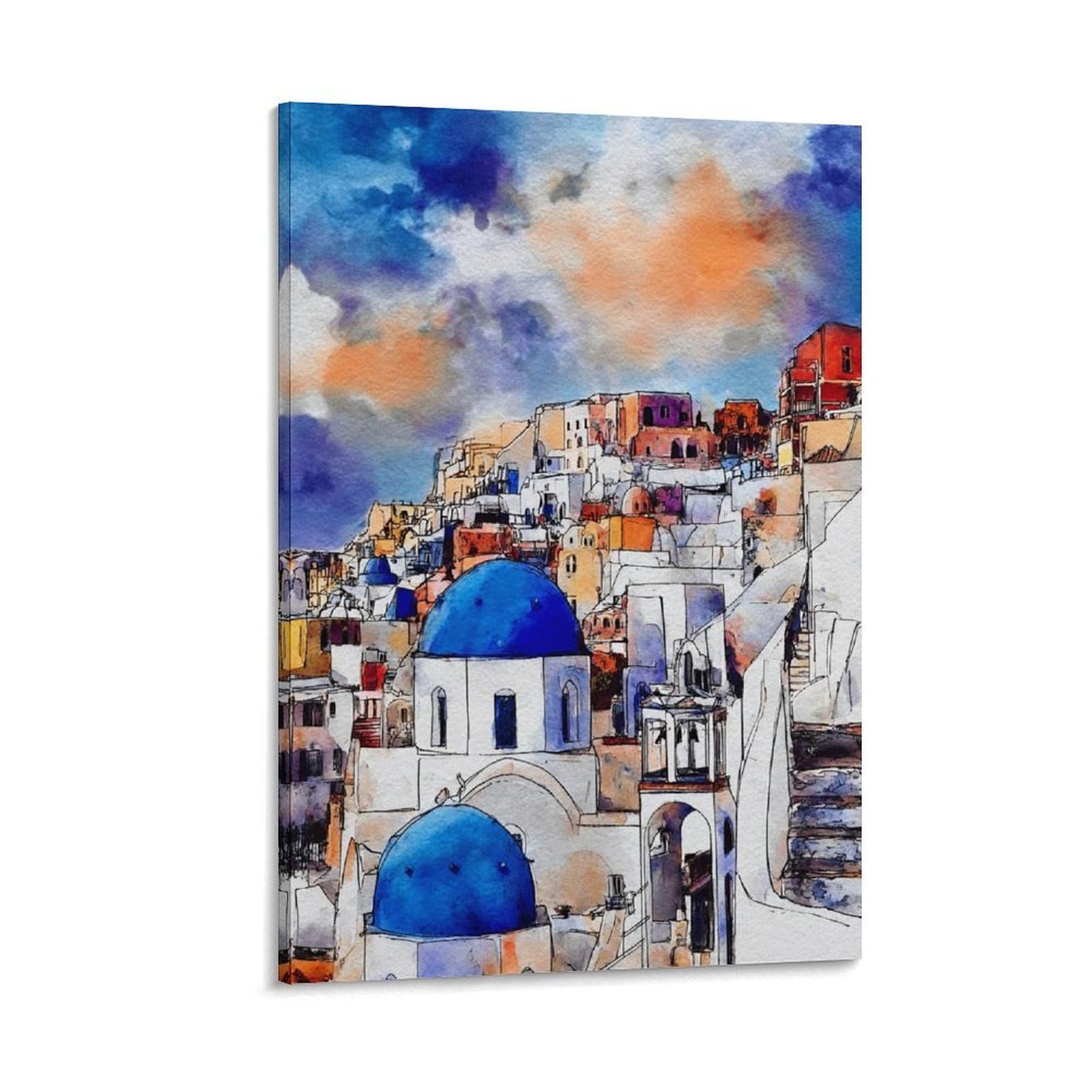 Lcynnh Frame-Style Santorini Greece 20X30inch(50X75cm) Vintage Travel Poster Watercolor Canvas Art