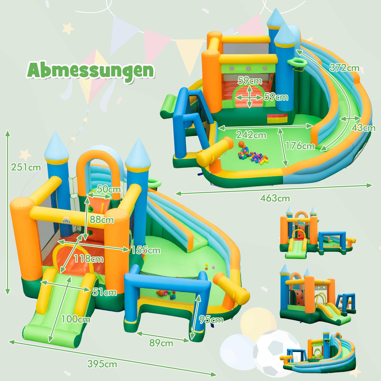 GOPLUS Aufblasbare Hüpfschloss, Kinderhüpfburg mit Trampolin Rutsche Kletterwand Wasserpistole Basketballkorb, Aufblasbare Hüpfburg mit Tragetasche, für Kinder 3-10 Jahren (Fußball, ohne Gebläse)