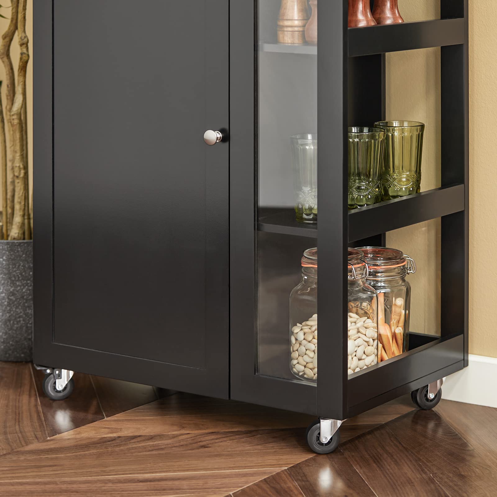 SoBuy Desserte Cuisine à roulettes avec étagère latérale 60 × 40 × 90 cm | Meuble cuisine avec placard et 2 étagères réglables sur 6 hauteurs, en MDF (E1) et verre, pour la salle à manger, FKW75-SCH
