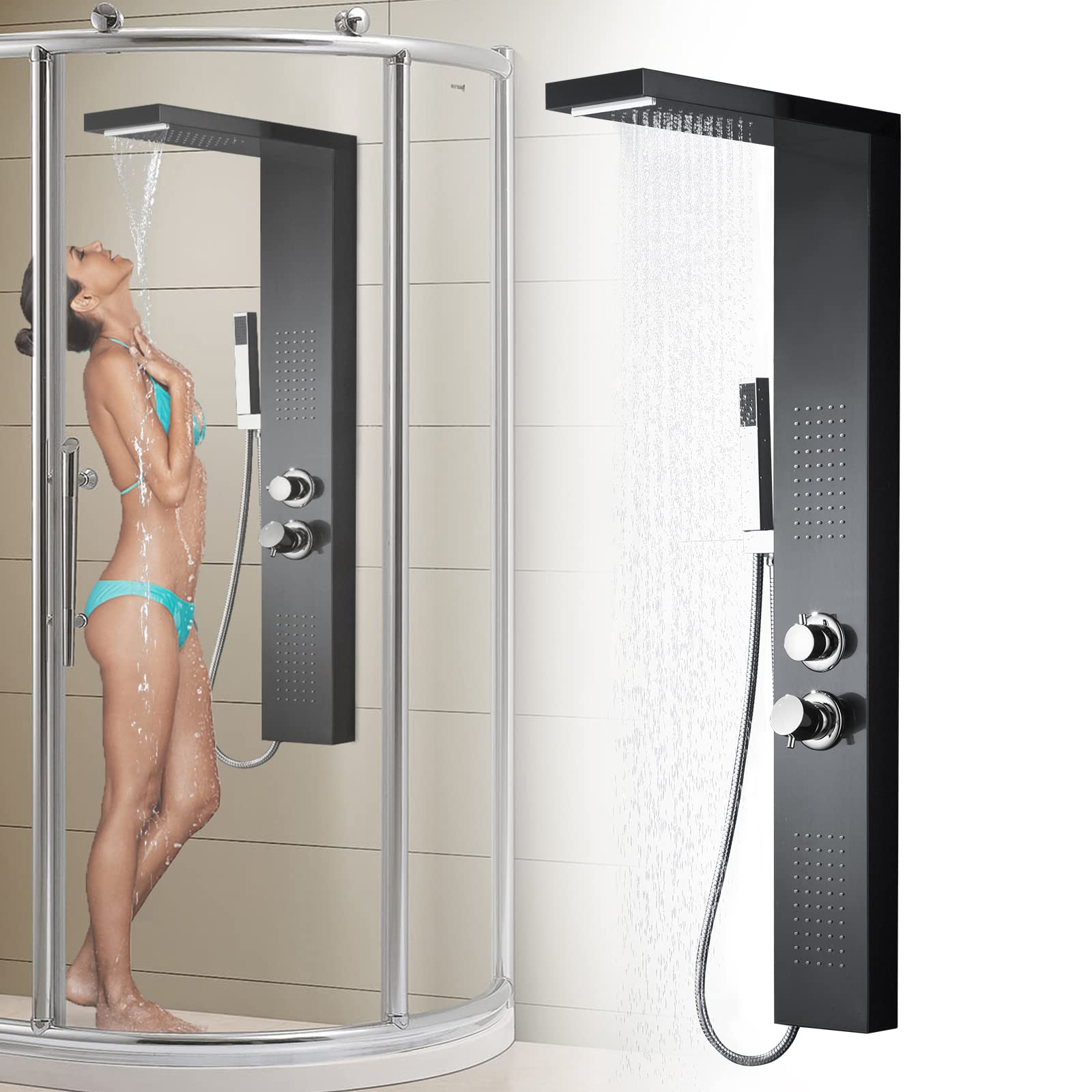 YRHome System prysznicowy z deszczownicą, zestaw prysznicowy ze stali nierdzewnej, panel do masażu, z słuchawką prysznicową, armatura prysznicowa, deszczownica, prysznic do masażu, prysznic ręczny,