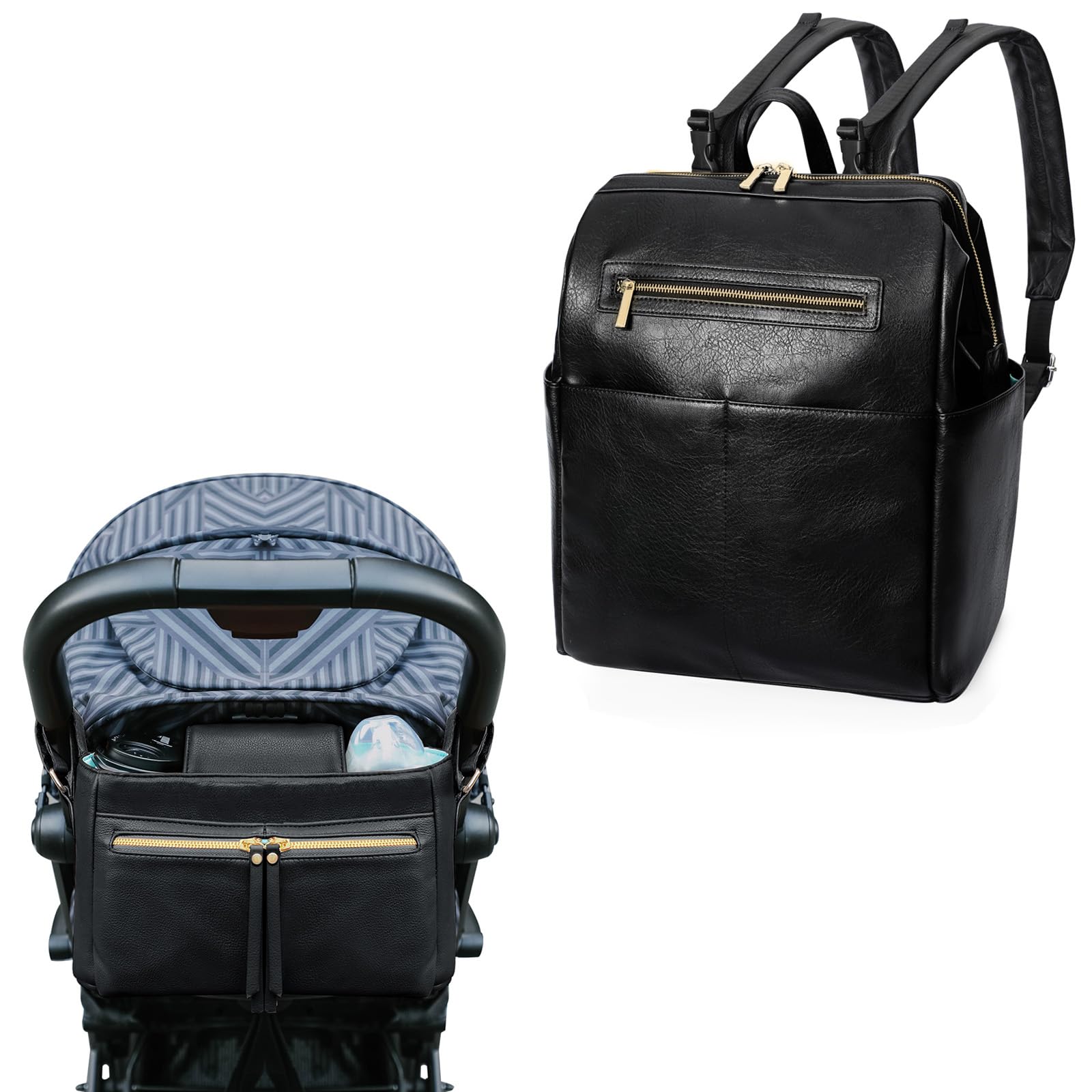 Diaper Bag Backpack, Stroller Organizer with Insulated Cup Holder Mominside Leather Travel Baby Bag for Mom Dad Fits 15 Inches Laptop, Baby Registry Search