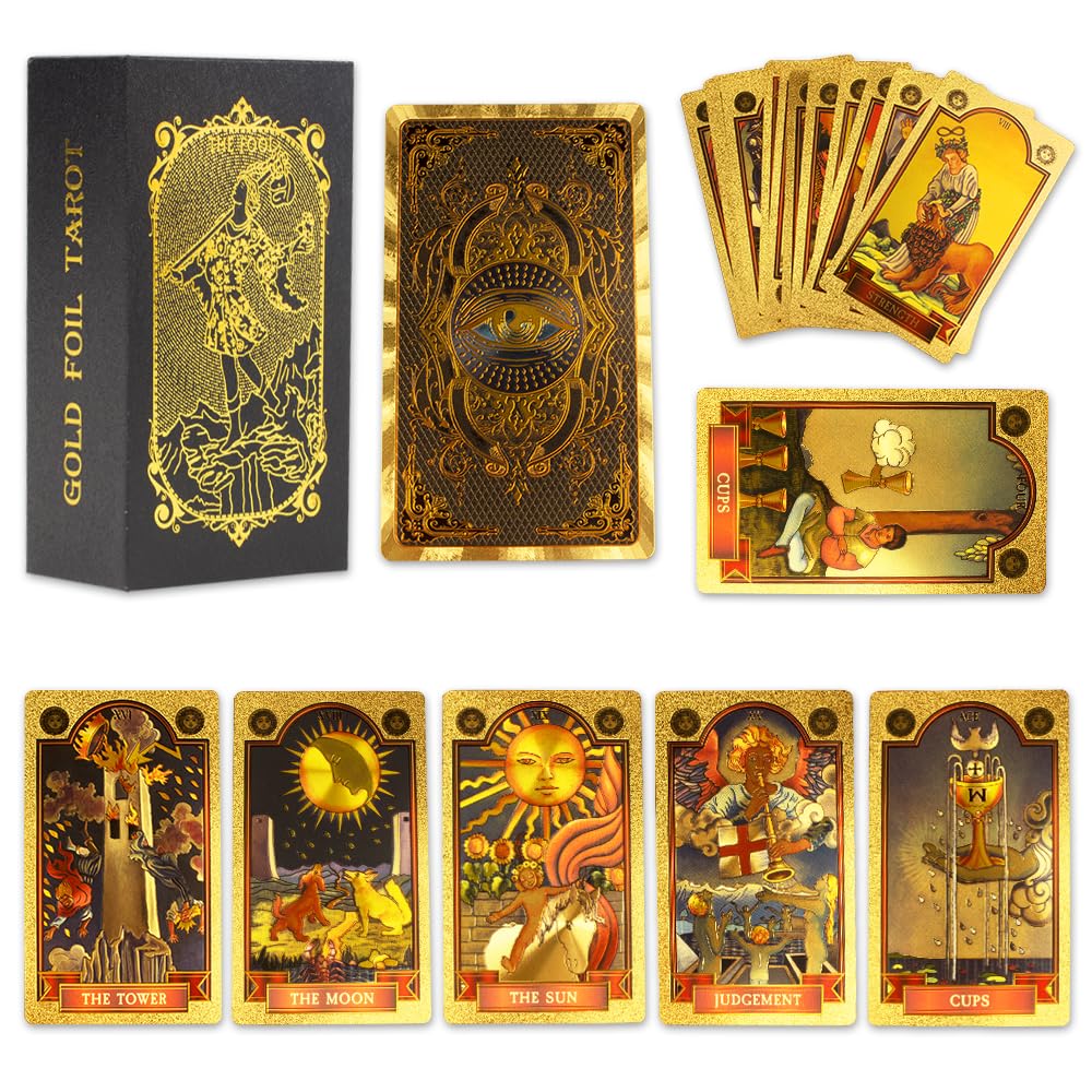 Zestaw tarota, 78+2 karty tarota, złote oko Marsylia Tarot z przewodnikiem, wróżbiarstwo tarota, karty tarota PCV, wodoodporne i bez fałd, zestaw tarota dla początkujących (złoty)