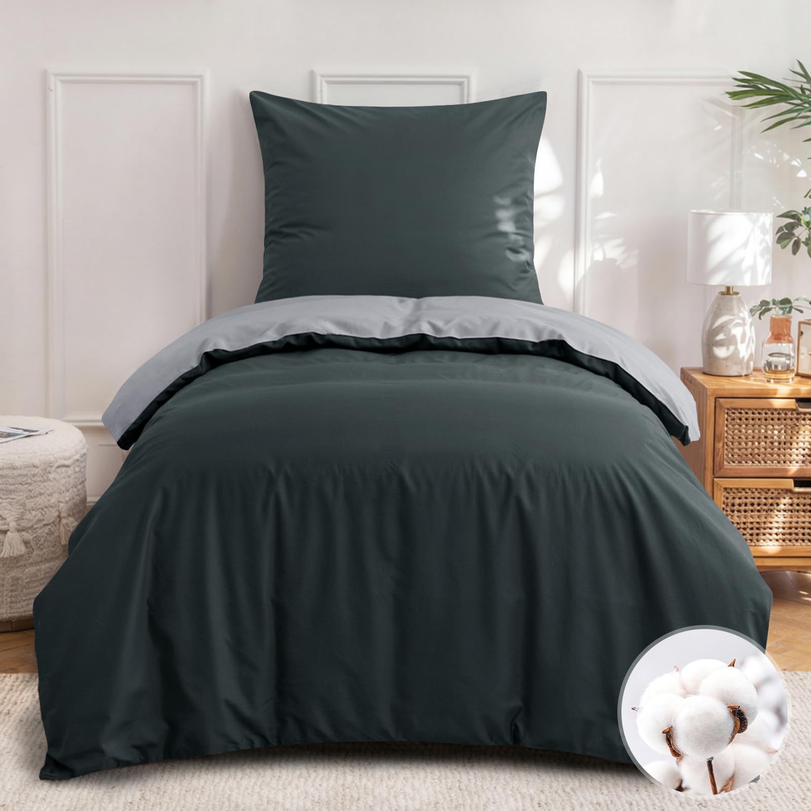 Aisbo Bettwäsche 155x220 Baumwolle Anthrazit Grau - Bettwäsche-Sets 155 x 220 cm Wendebettwäsche mit Kissenbezug 80x80 cm, Oeko-TEX Zweifarbiger Baumwollbettwäsche mit Reißverschluss