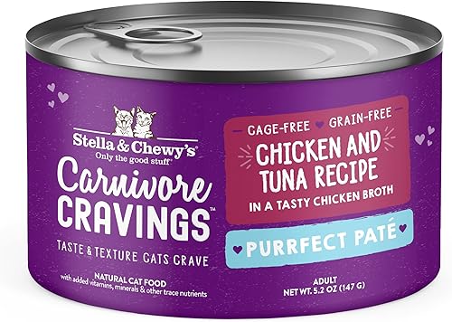 Stella & Chewy's Carnivore Cravings Purrfect - Alimento húmedo para gatos sin granos, rico en proteínas, receta de pollo y atún, (latas de 5.2