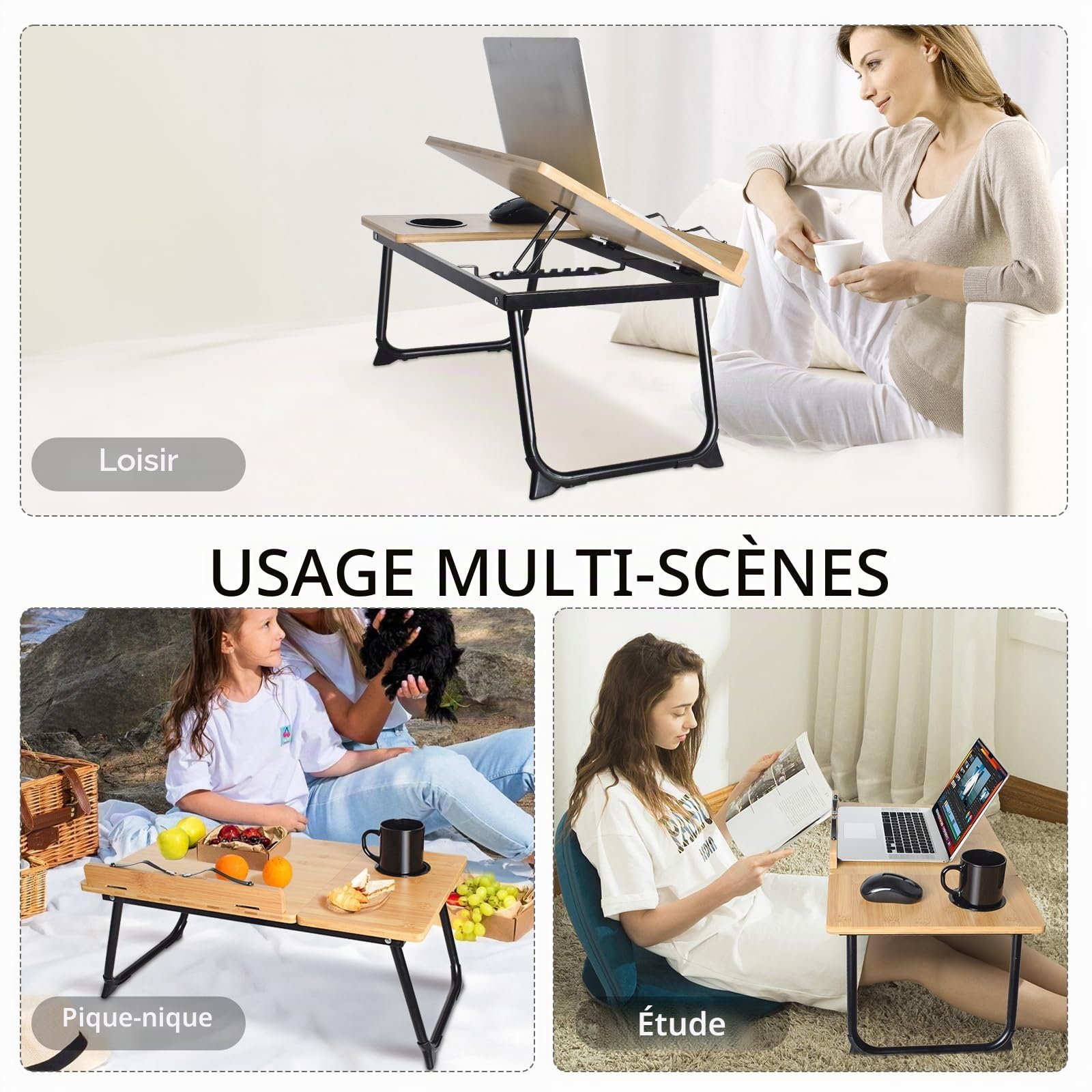 Wishacc Support réglable en bambou pour ordinateur portable et livre de cuisine pour lecture au lit, trombones, plusieurs angles