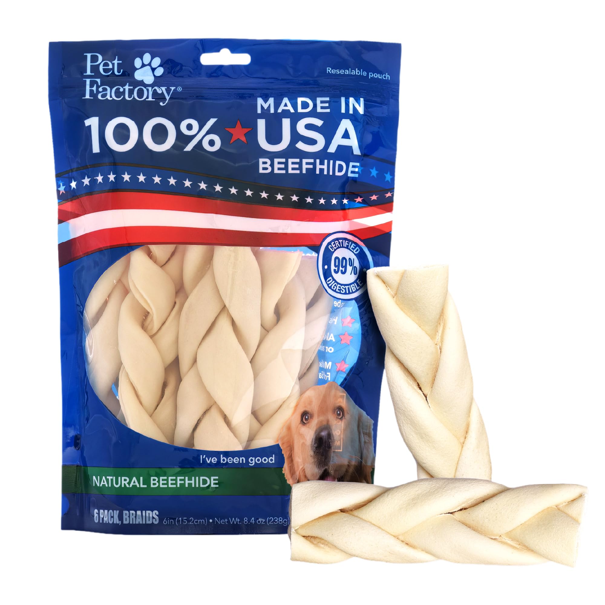 Pet Factory Beefhide Braided Sticks Dog Chews Long Lasting - 100% Made in USA Natural Rawhide from American Cattle Promotes Dental Health, Thick & Durable Chews