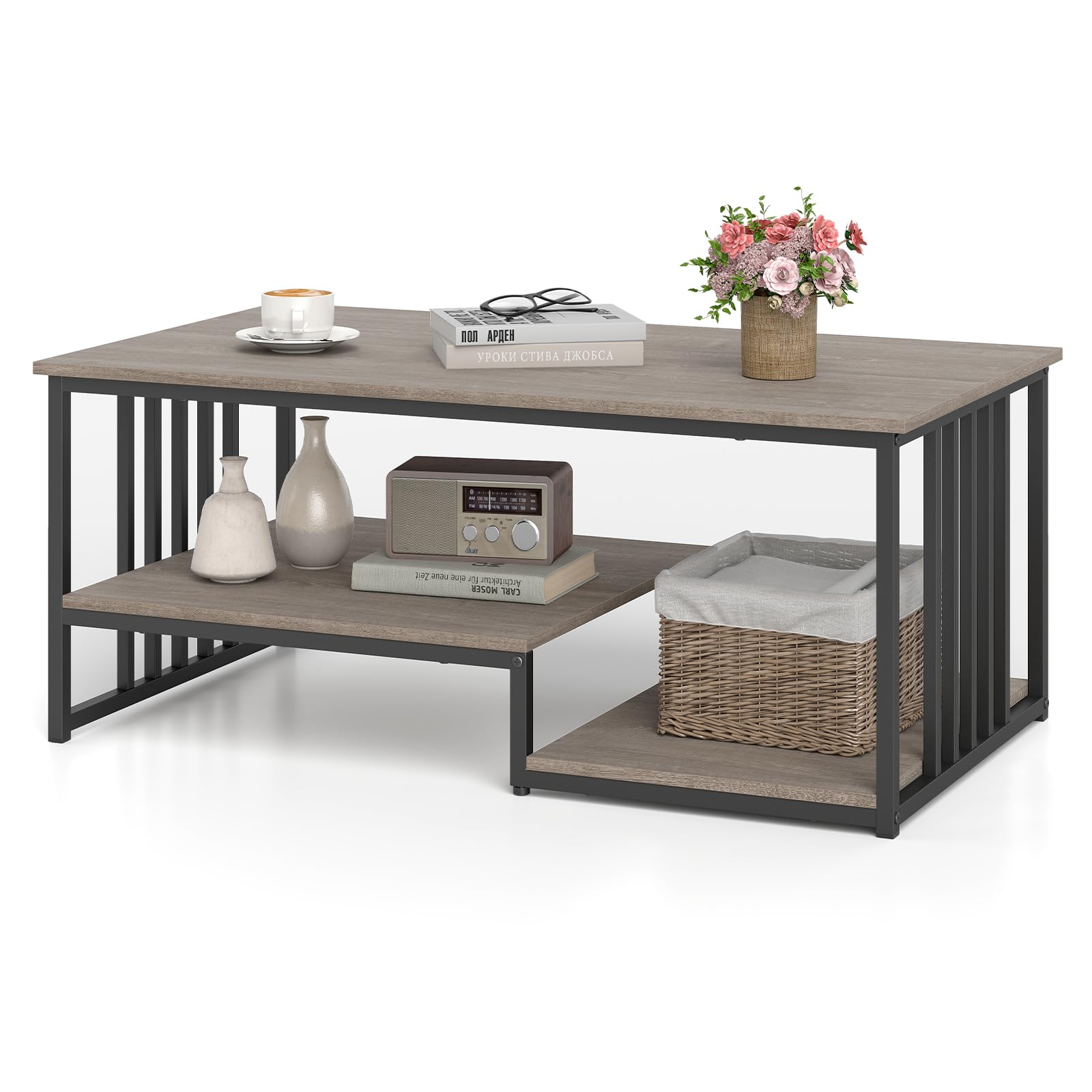 COSTWAY Faux Marble Coffee Table, Rectangular 2-Tier Cocktail Center Table with Open Storage Shelf, Modern Accent Sofa Side Snack Tea Tables for Living Room Office, 110 x 60 x 45cm (Grey Oak+Black)