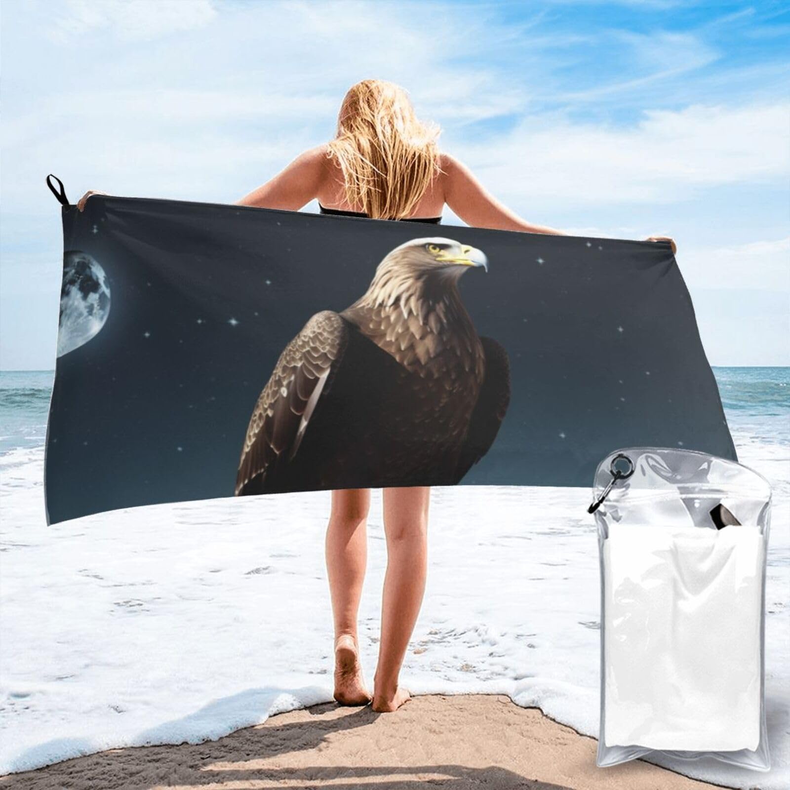 DWVTSLH Microfiber Sand Free Beach Towel 27.5"x55", Quick Dry Absorbent Travel Towel Large Camping Blanket, Eagle Under The Stars Bath Towels Lightweight Pool Swim Towels for Vacation Essentials