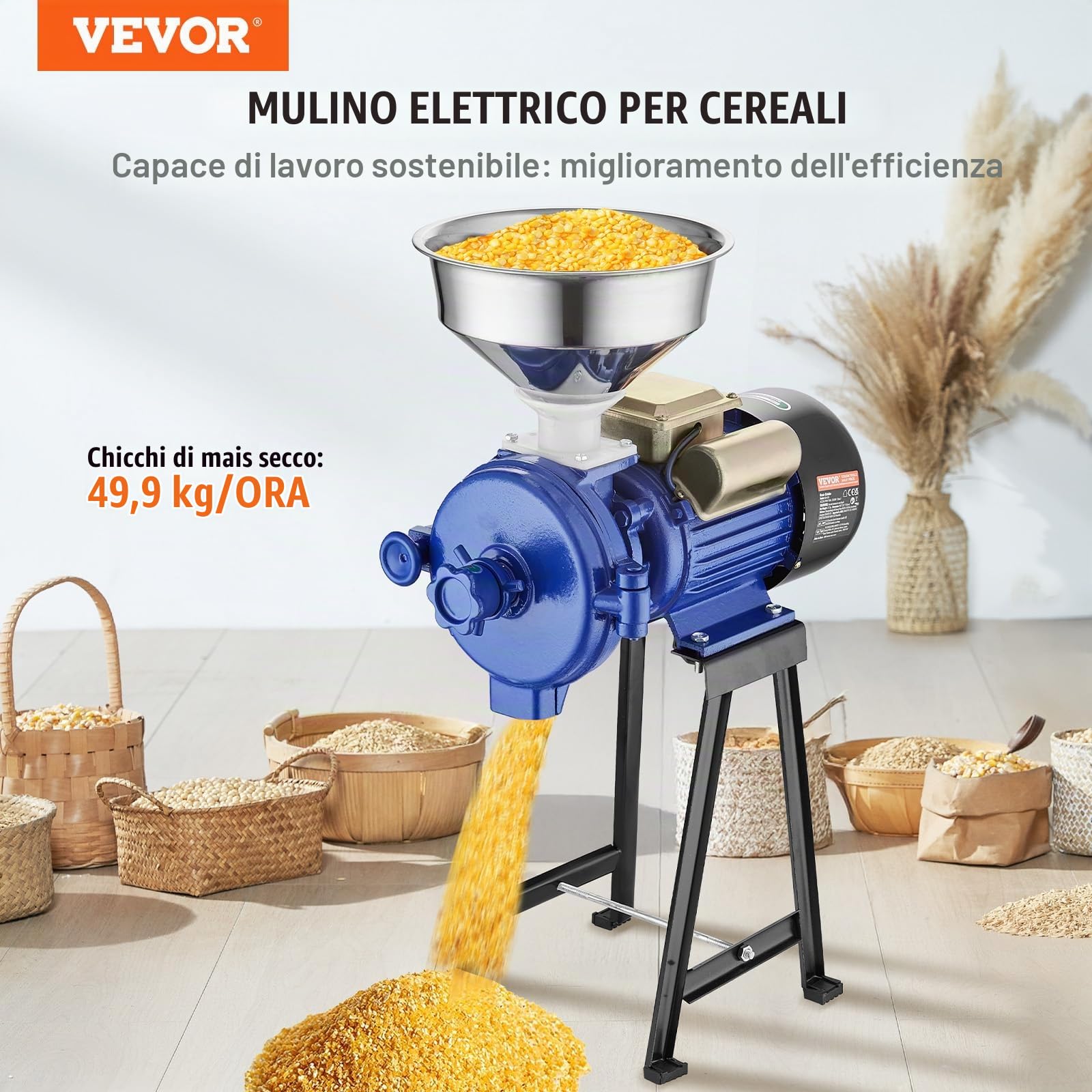 VEVOR Mulino Elettrico per Cereali, Mulino per Mais con Imbuto, Macchina per Polvere Spessore Regolabile, Mulino per Cereali per Farina Impieghi Gravosi, Macina a Secco o Umido, Macina Spezie 3000 W