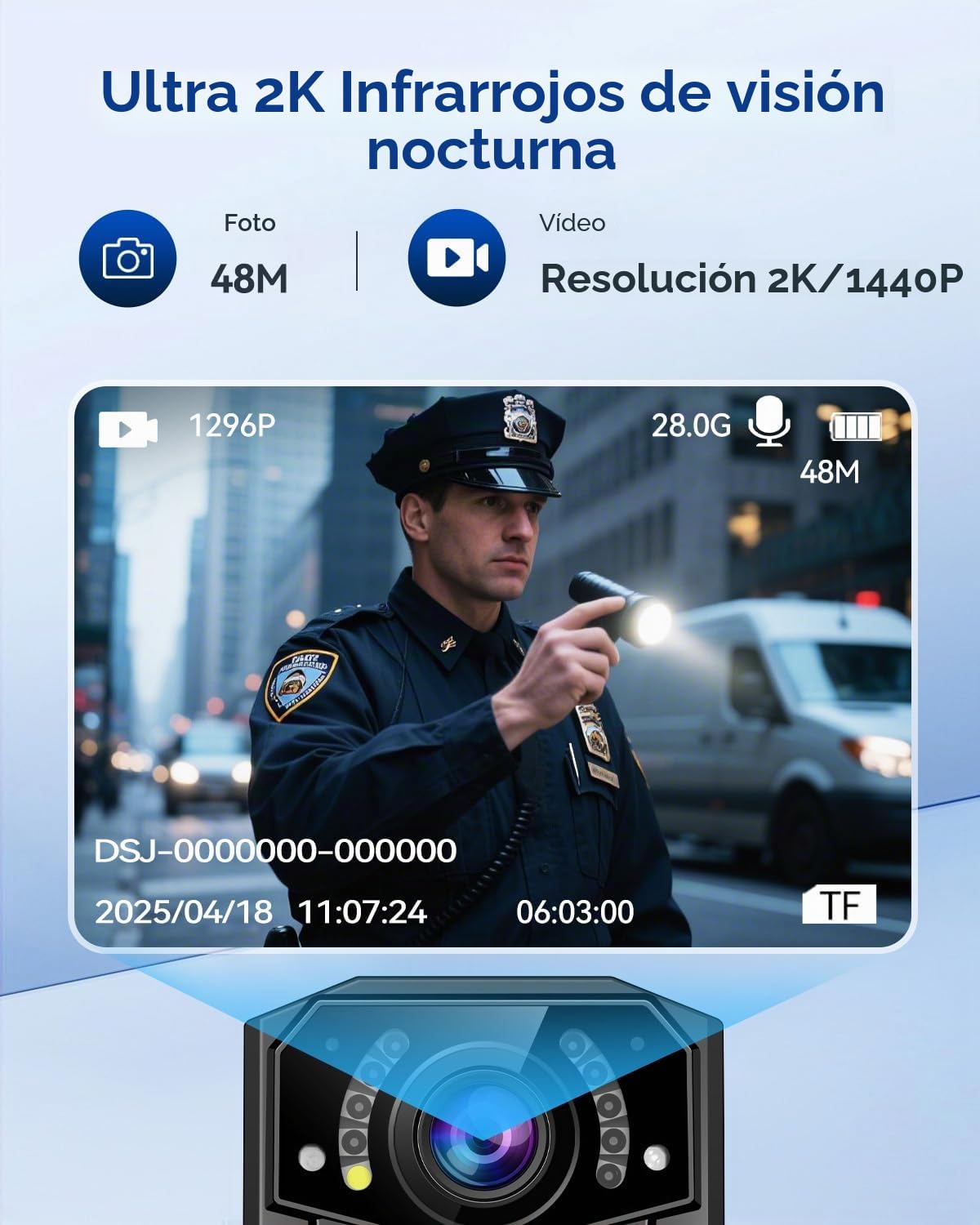 CAMMHD Cámara Corporal 2K Z3-32GB, 10h Autonomía, Visión Nocturna IR y Cifrado de Datos, Camara Corporal con 2 Clips Giratorios 360°, para Policía, Seguridad y Uso Personal