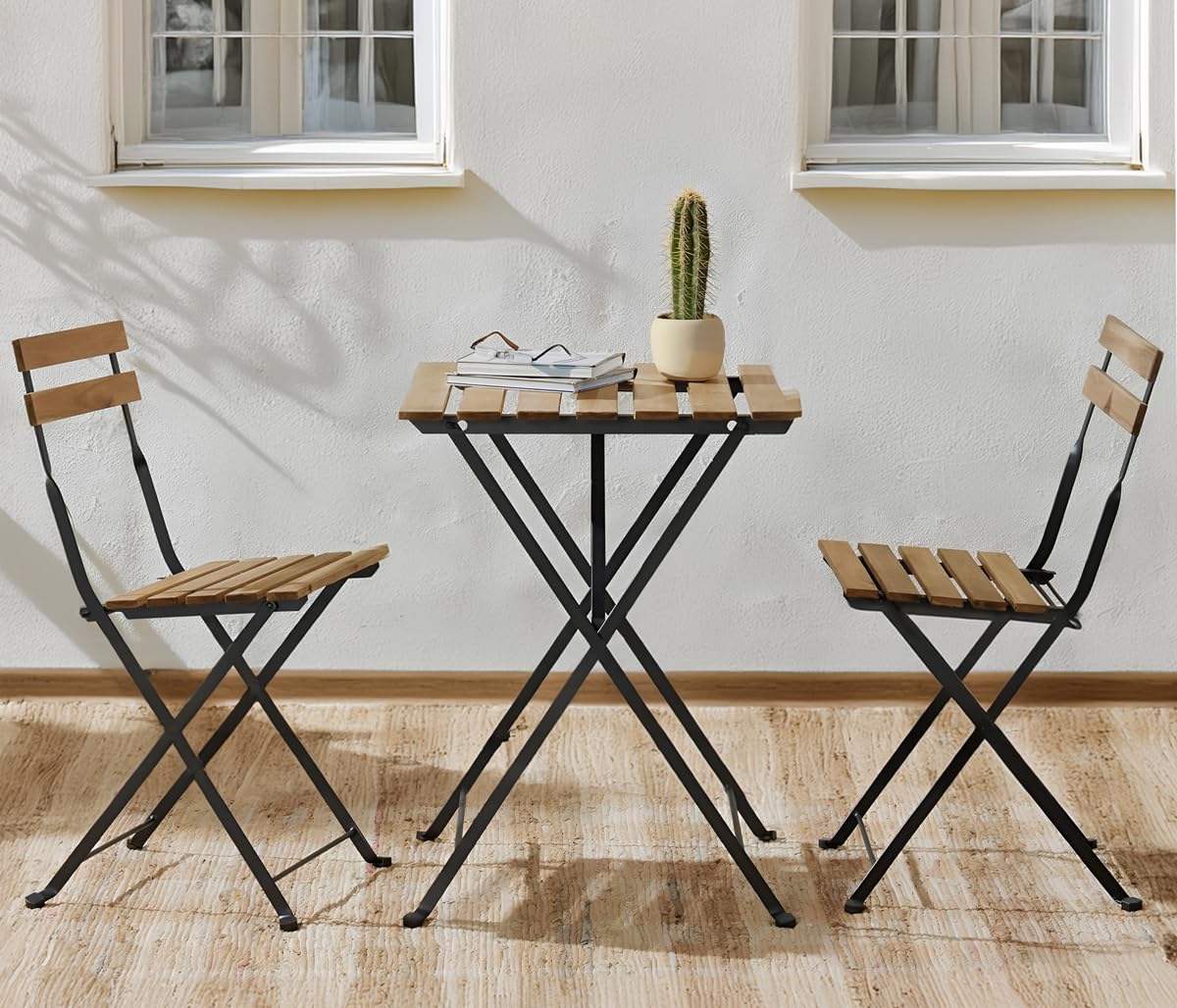 Set de 3 Muebles de Mesa y 2 Sillas, Jardín, Exterior, Plegables, Metal y Madera, para Terraza Estilo Retro, Estructura de Acero, tipo Bistró, Patas Antideslizantes, Balcones Pequeños, Terrazas