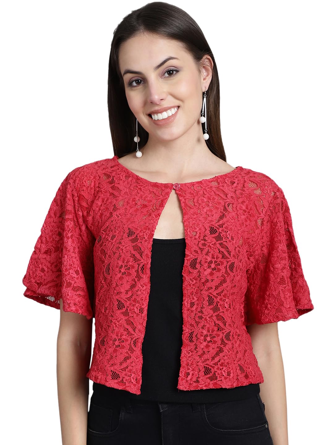 dressitude Women Front Open Self Designed Flared Sleeves Lace Shrug-picture-31