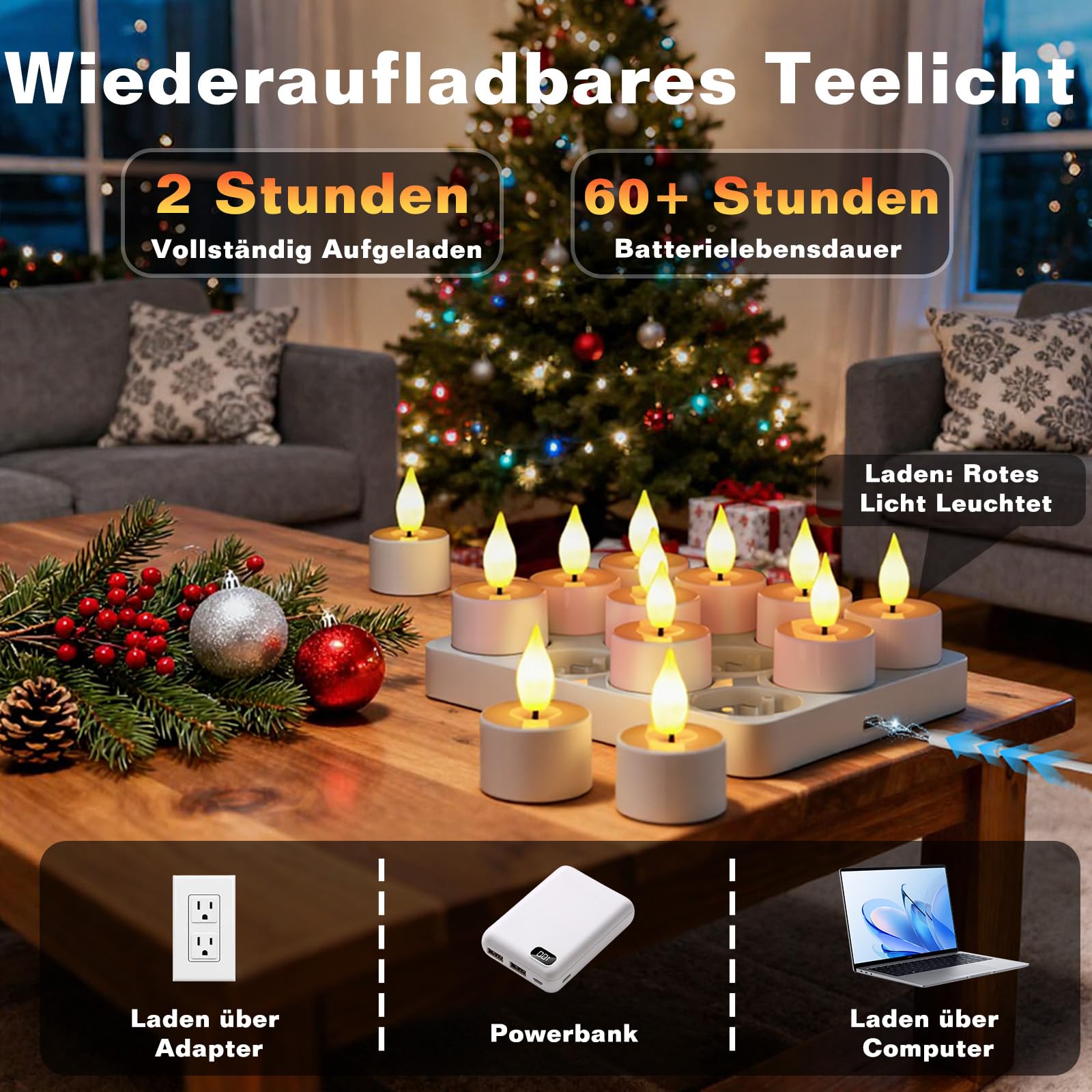 Led Teelichter 12 Stück Wiederaufladbar mit Timerfunktion Fernbedienung Flackernde Flamme Ladestation Deko