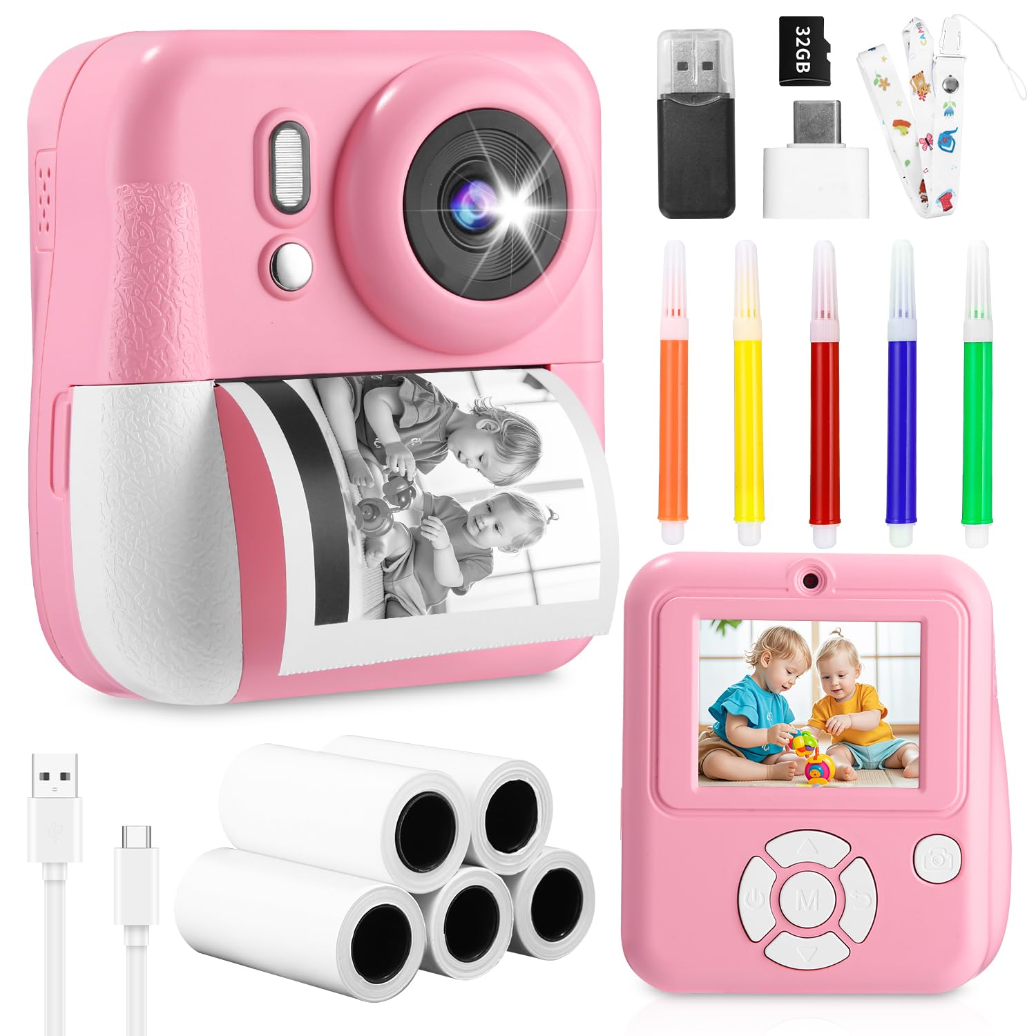 Aparat dziecięcy Tixexo, aparat natychmiastowy (różowy), trójkolorowy druk, aparat natychmiastowy 1080P dla dzieci z kartą 32 GB i 5 rolkami papieru do druku, prezent dla dzieci w wieku 3-14 lat