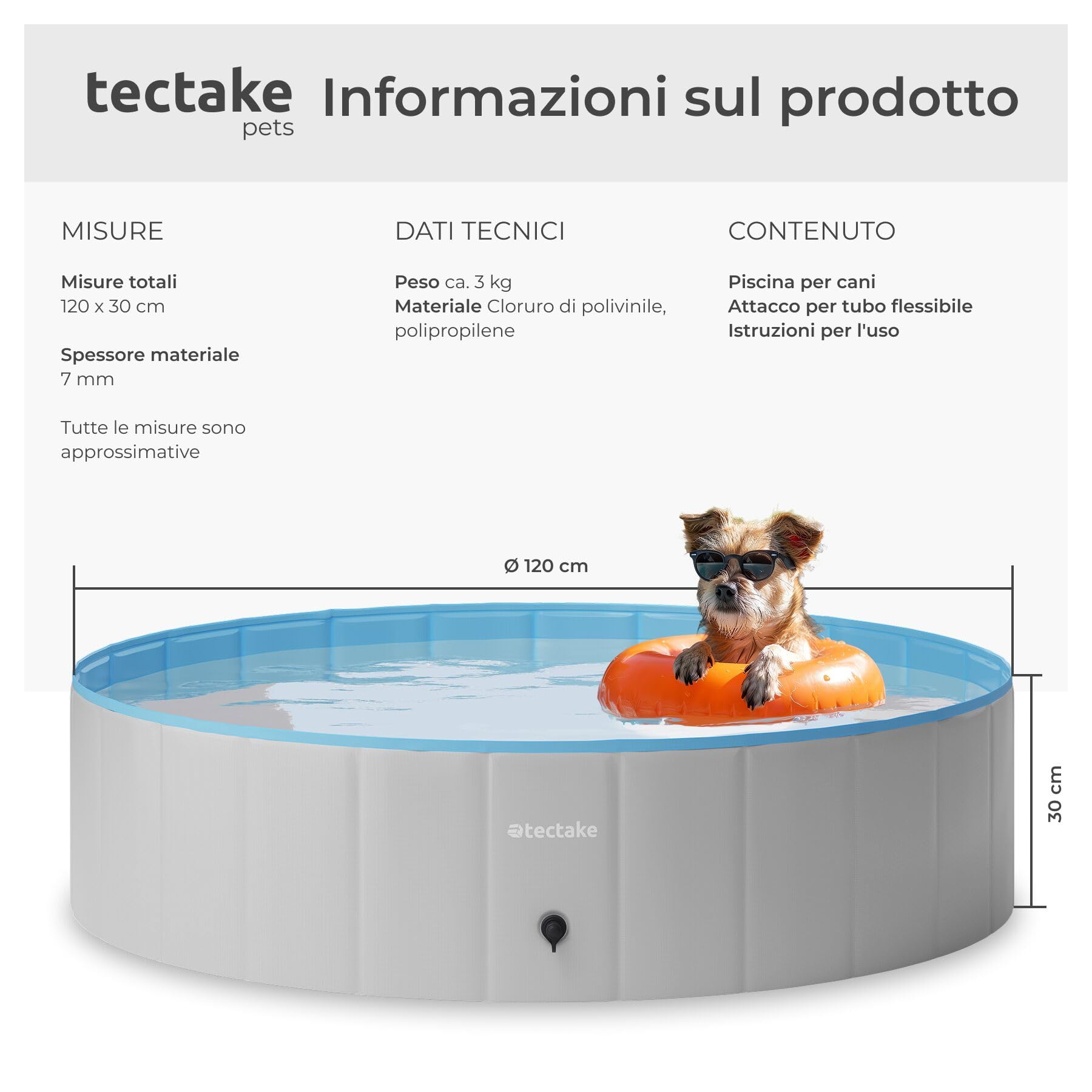 tectake® Piscina per Cani Pieghevole, Fondo Antiscivolo, Pareti Rinforzate, PVC Resistente agli Strappi, con Valvola di Scarico, Piscina Rotonda, Facile da Montare - 120 cm