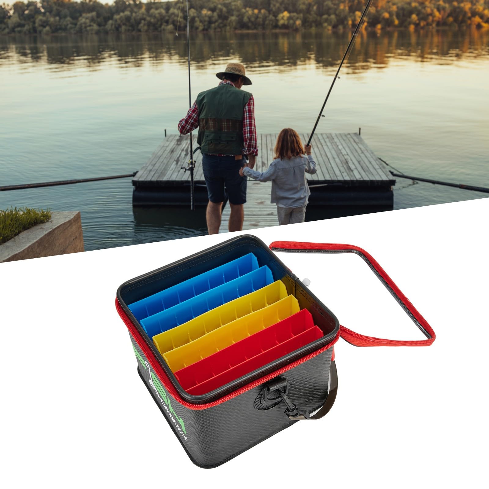 FUBESK Eva Angelköder-Aufbewahrungseimer mit 48 Schlitzen, Tintenfisch-Jigkoffer bis zu 16 cm, transparente Oberseite, Angelbox mit Abflusslöchern und 6 Trennwänden, für Schwarz