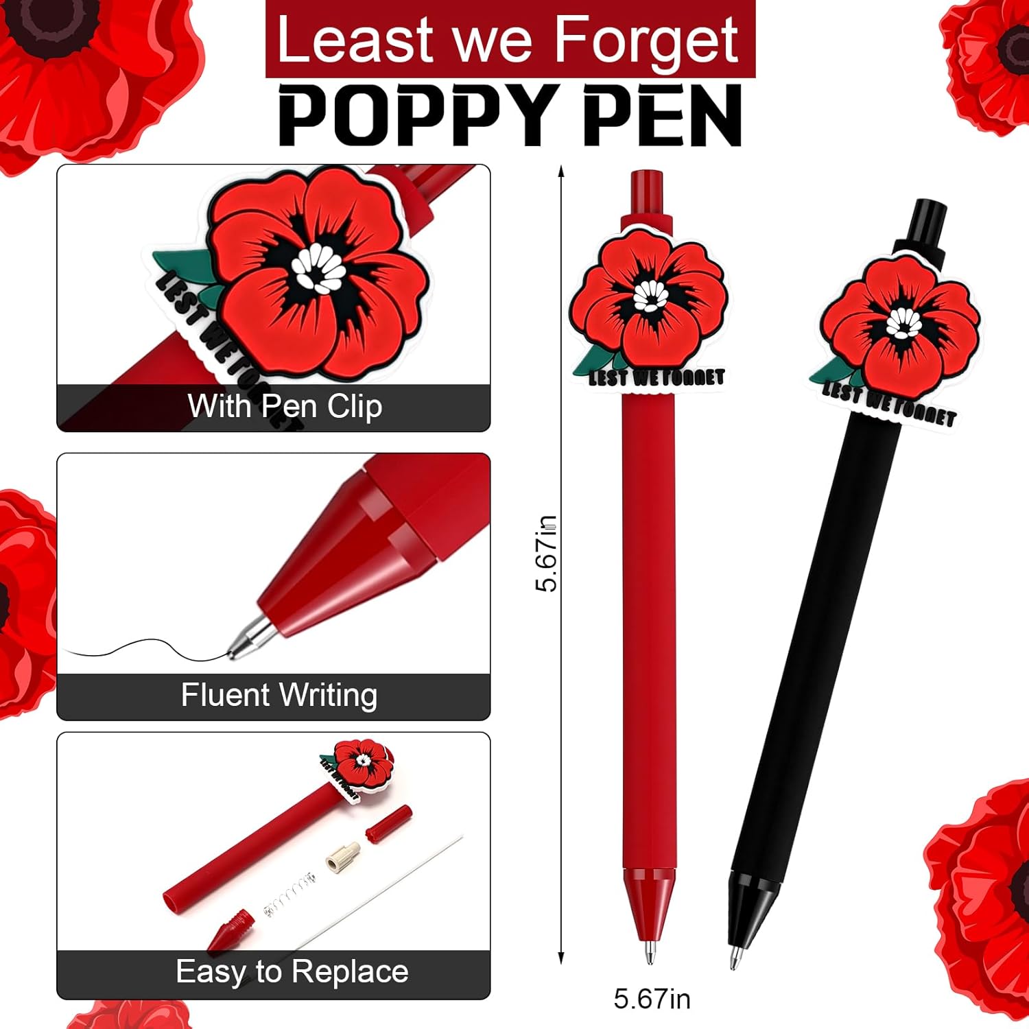 Tenceur 72 Sets Memorial Day Gifts for Veterans Bulk Poppy Ballpoint Pens Thank You Veterans Wristbands Memorial Day Poppy Gifts Patriotic Party Favors Decorations