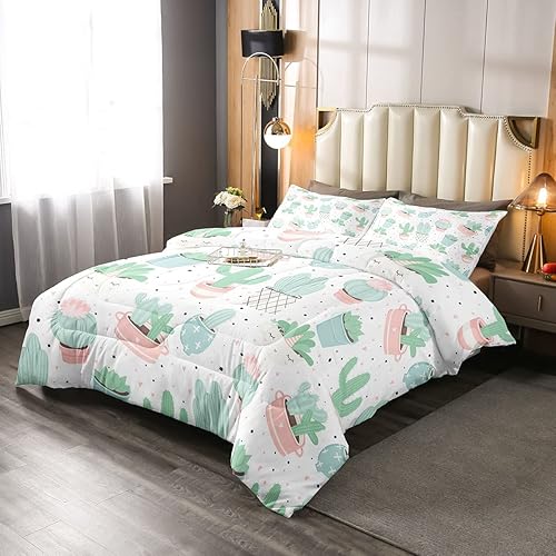 Lindo edredón de cactus para niñas, niños y mujeres, juego de ropa de cama bohemio con suculentas, juego de edredón botánico tropical, color rosa
