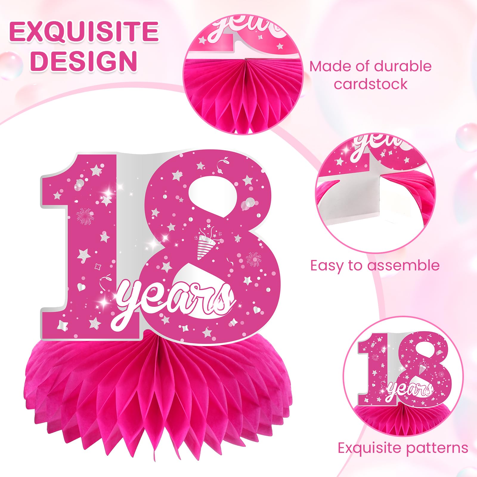 COOSOAR Happy 18th Birthday Honeycomb Centerpieces - Rose Gold & Pink Table Decor - View #5