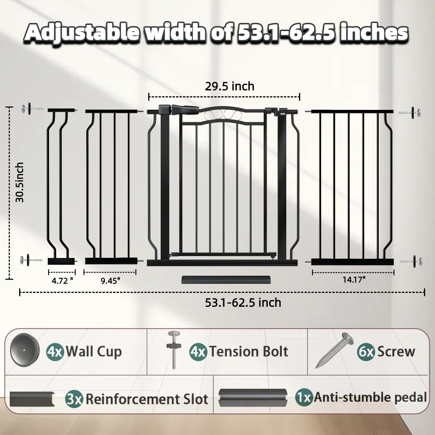 53.1-62.5 Inch Extra Wide Baby Gate, Pressure Mounted Dog Gate Indoor, Walk Thru Pet Gate for Cat Dog Child,Pet Gates for The House Doorway Black Black 53.1"-62.5"