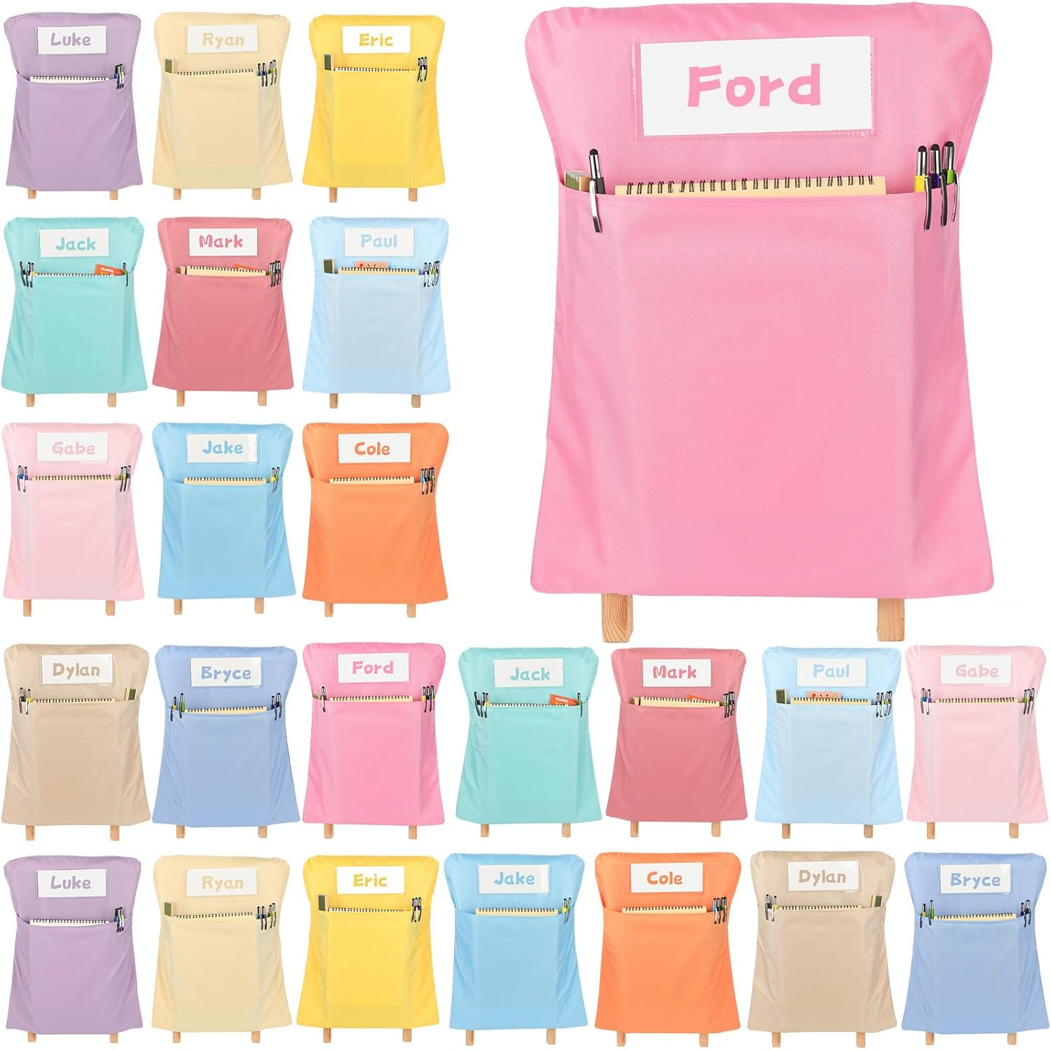 24 Pcs Chair Pockets for Classroom 17x20 Inch Classrooms Seat Sacks with Name Tag Classroom Chair Pocket Storage for Keeping Student Books School Table Organized(Pastel)