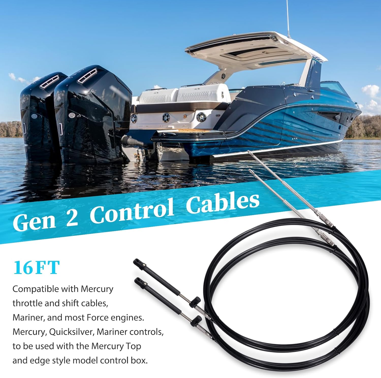 2pcs boat throttle and shift cables compatible with mercury mercruiser marine force outboard engine 600a/4000 series controller(gen 1/cc179xx, gen2/cc189xx) 16ft gen 2